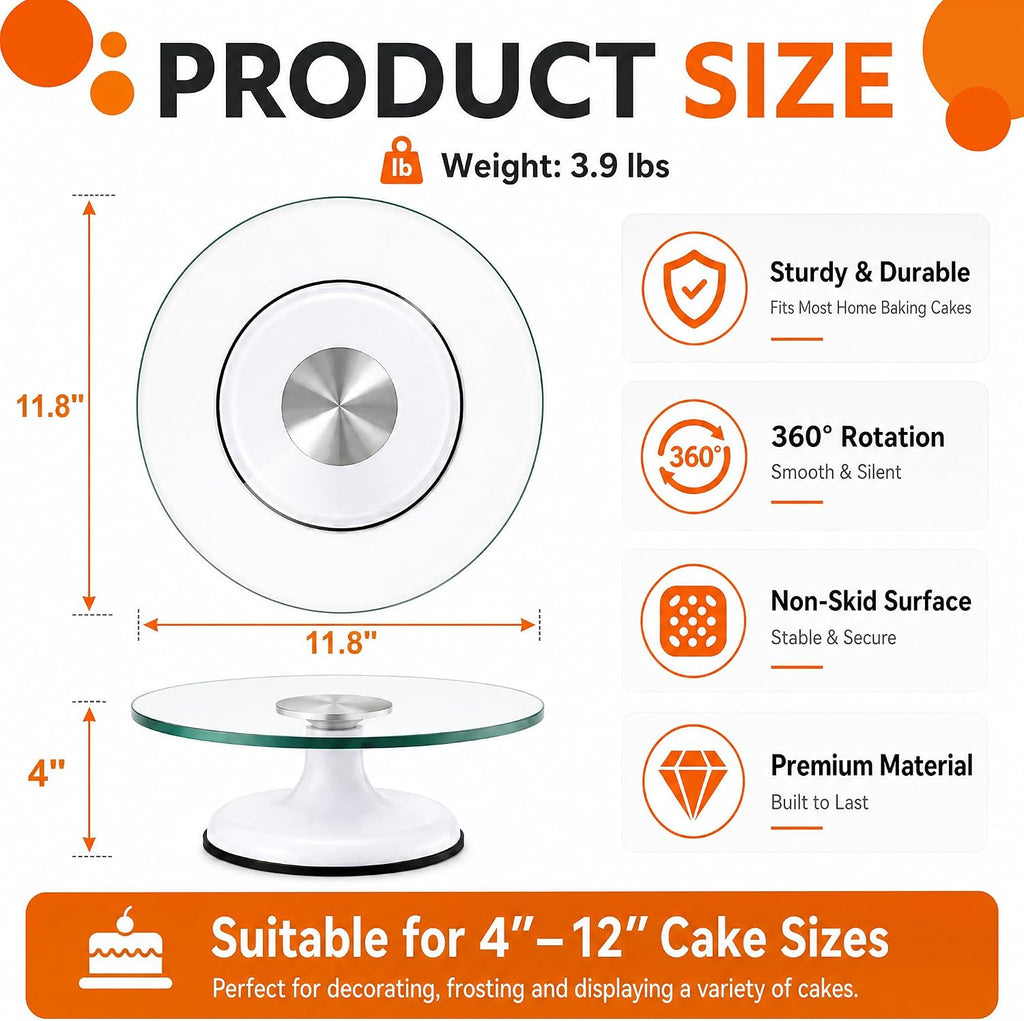 12" Glass Cake Turntable with 6 Icing Piping Tips, 1 Piping Bag