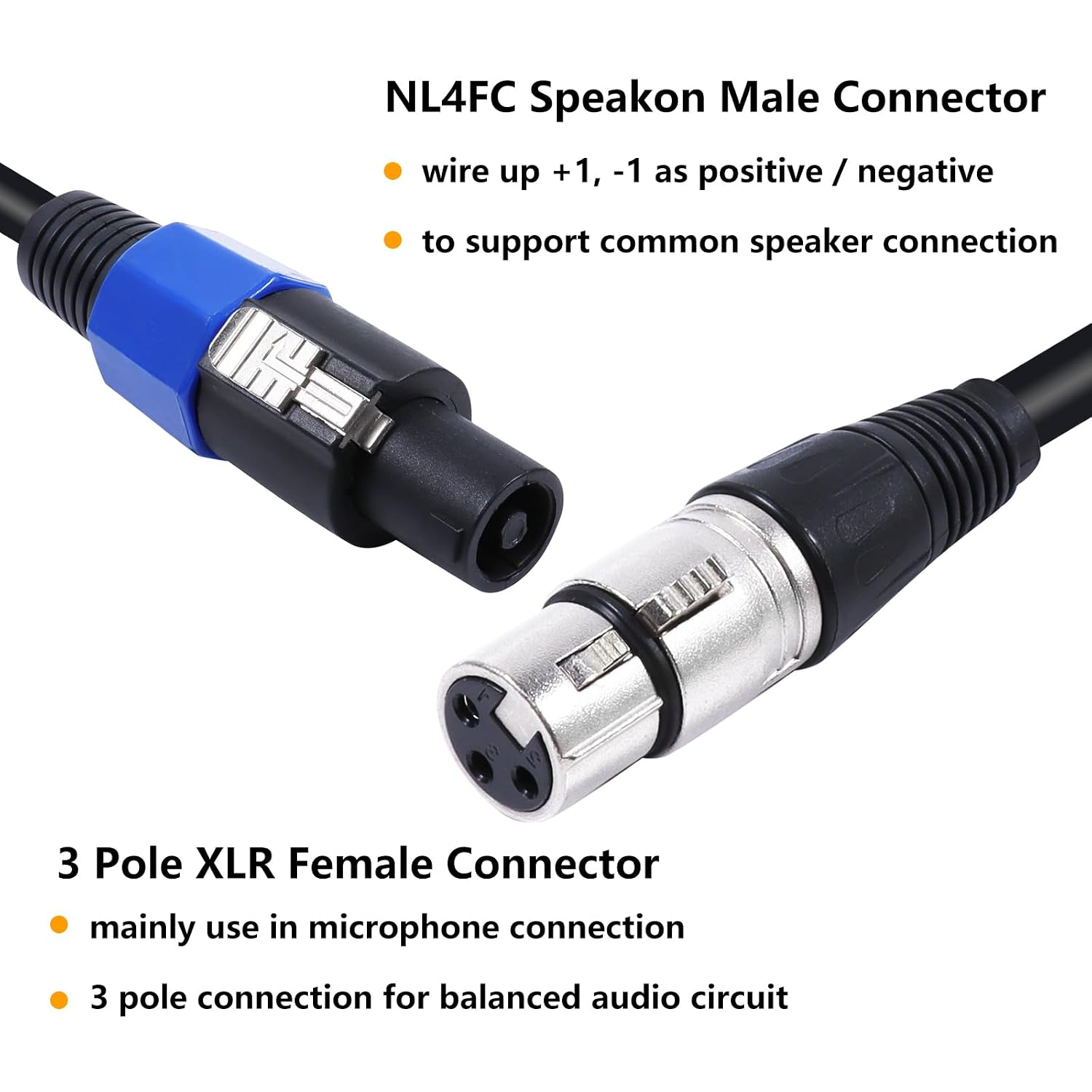 Pack of 2 30 Feet Speakon Male to XLR Female Cable - 2pcs 30ft. Speak-ON Type Plug to 3 Pole XLR Audio Jack Extension