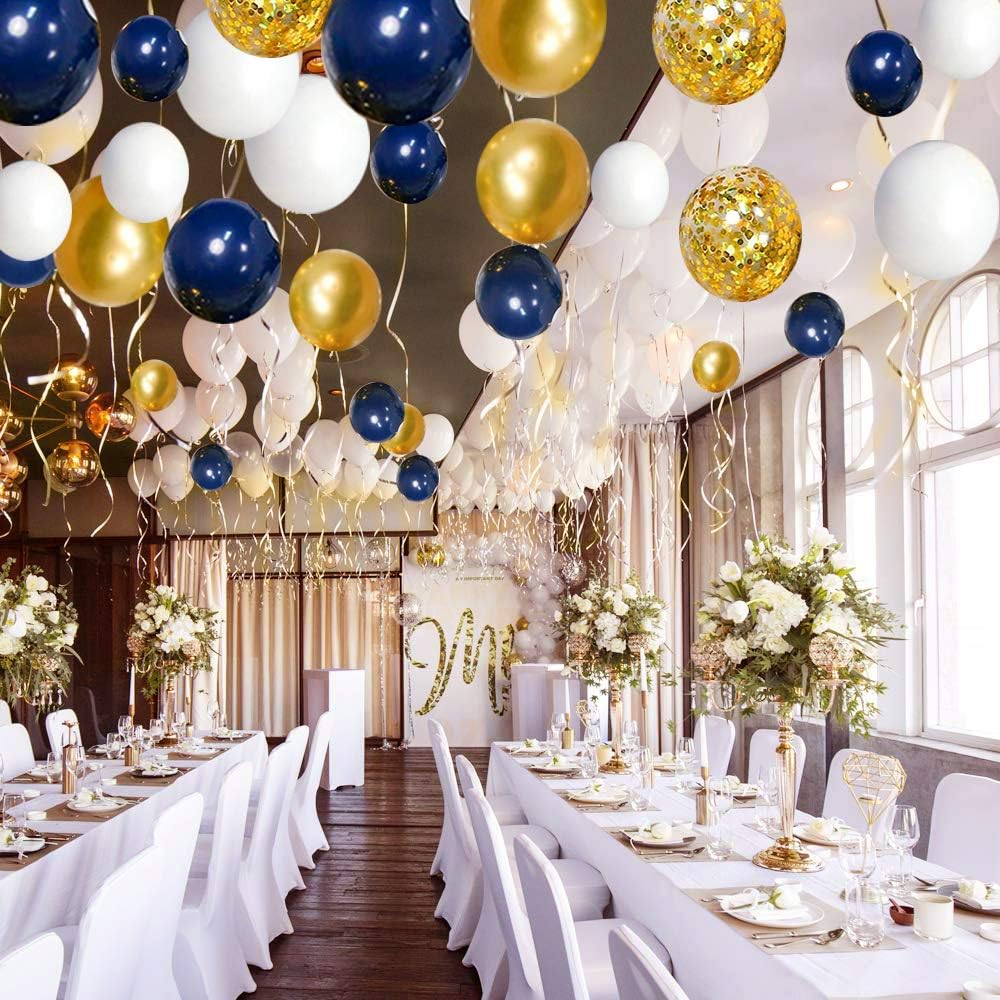Navy Blue Gold Balloons Garland Kit, 120 pcs Navy and Gold Confetti White Balloons Arch for Graduation Birthday Party