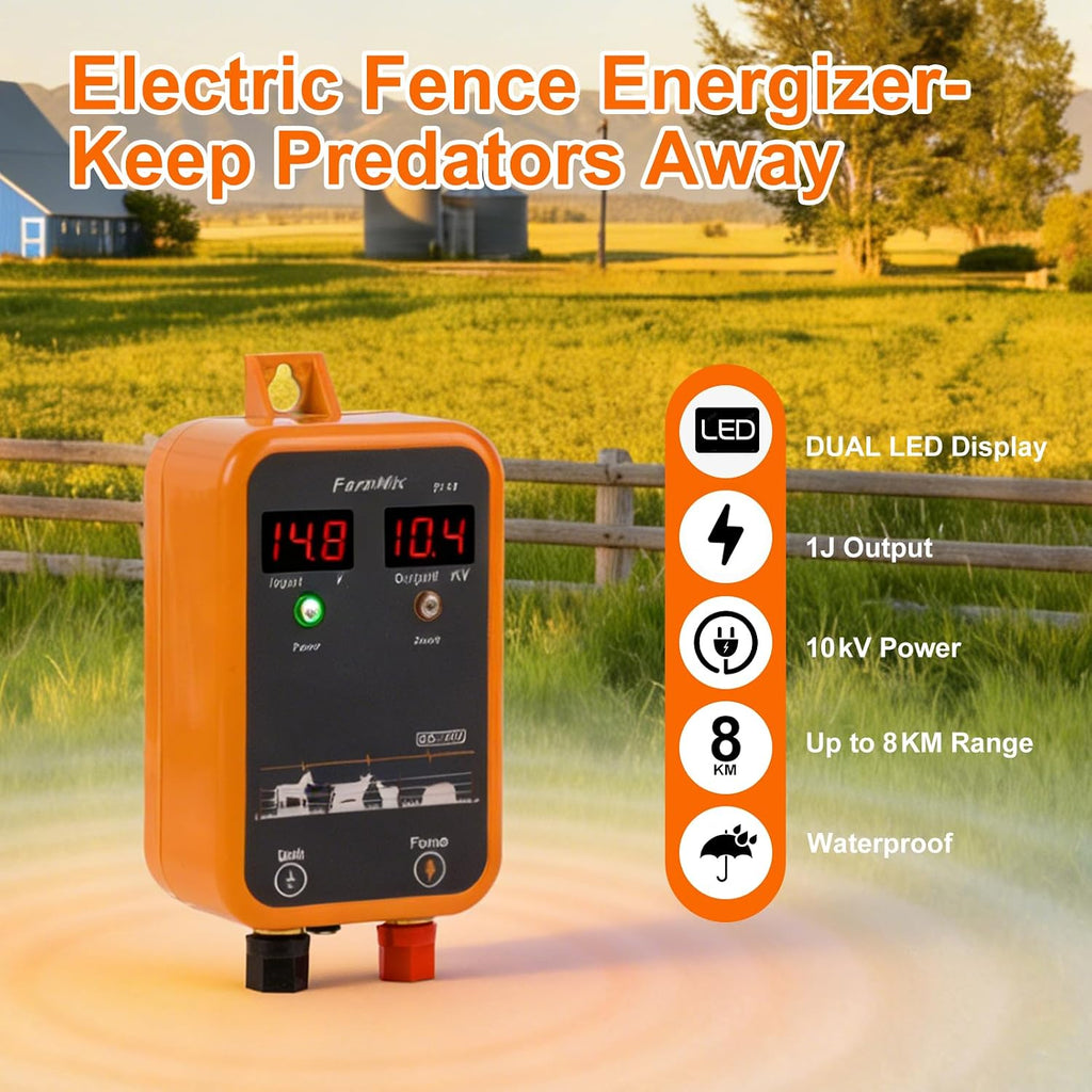 FarmNix 10KV Electric Fence Charger with LED Indicator, 5 Miles Electric Fence 1 Joules Pulse Energy,Waterproof