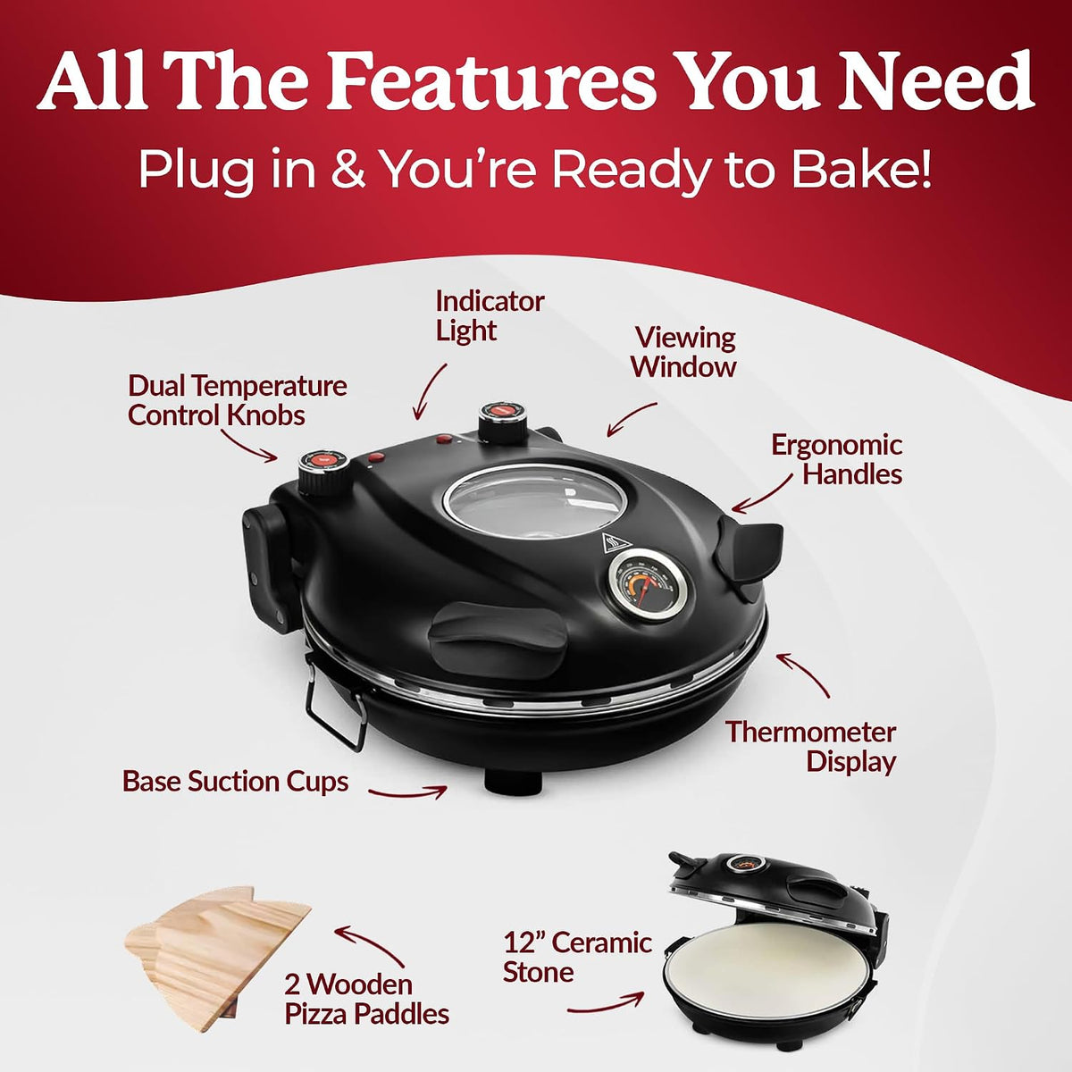 12" Electric Pizza Oven Indoor Countertop Pizza Maker, Black