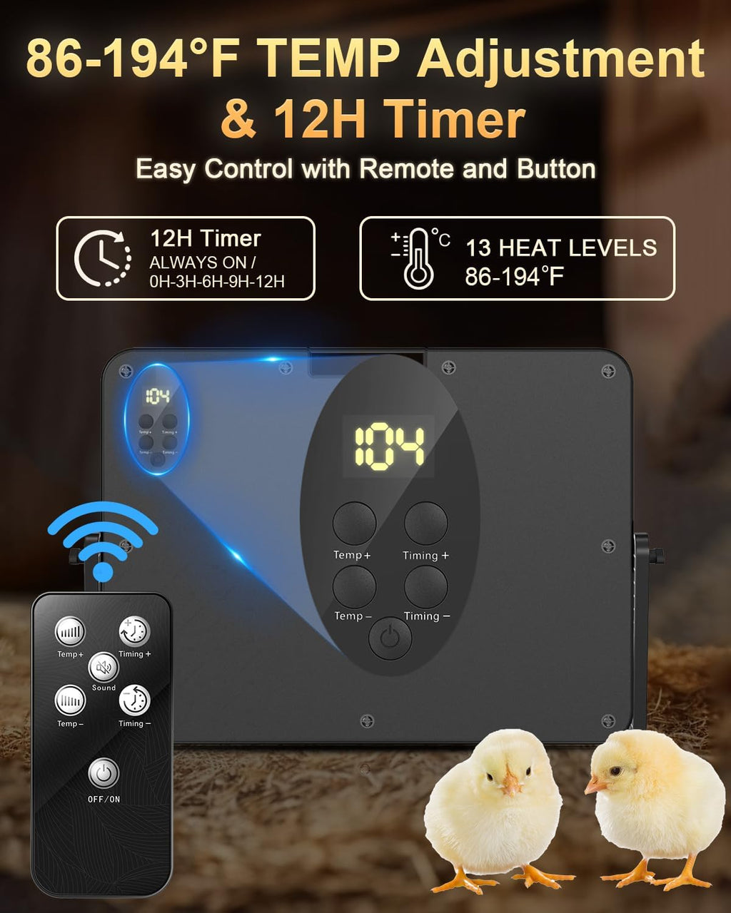 Chick Brooder Heater with Adjustable Temp (86~194℉) & 12H Timer & Height & Angle, Rapid-Heating Heat Plate for Chicks