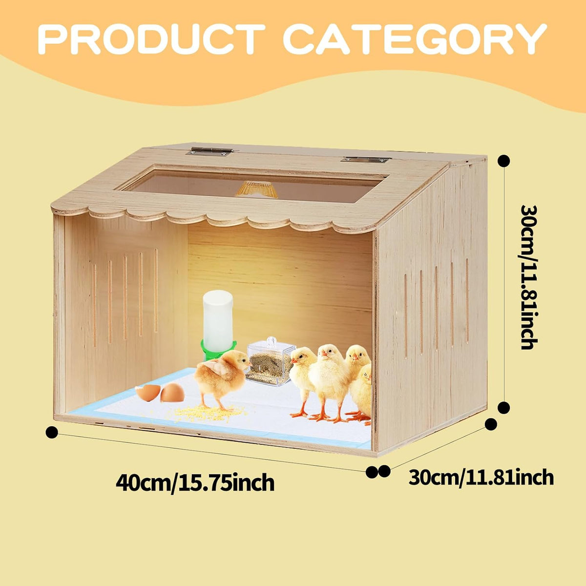 Wooden Chicken Brooder Box Kit with Heating Lamp, Thermometer, Food & Water Feeders, 15.7x11.8x11.8 Inch, Complete