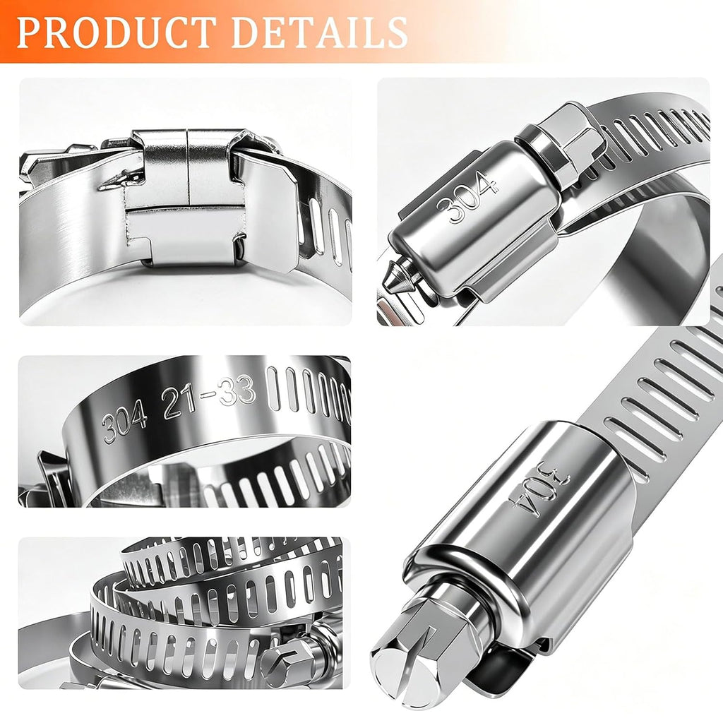 Hose Clamp Assortment 42PCS 304 Stainless Steel Hose Clamp Kit 1/4"–1-1/8" (6-29mm) Worm Gear Hose Clamps Small Hose