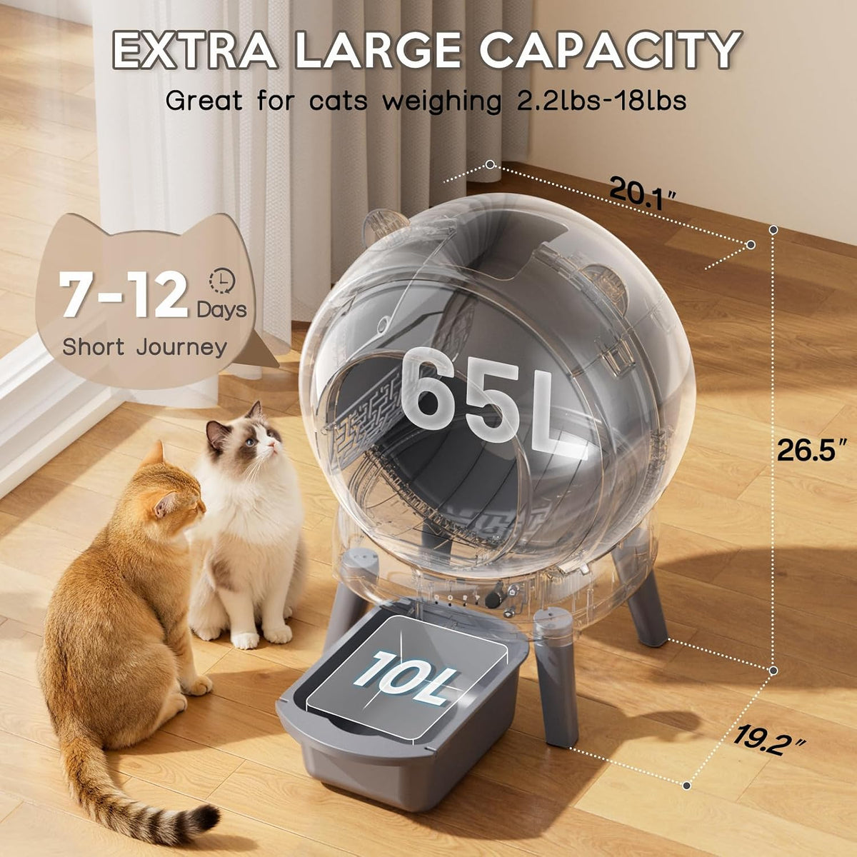Self Cleaning Litter Box, Dual Safety Sensors, App Control, Gray