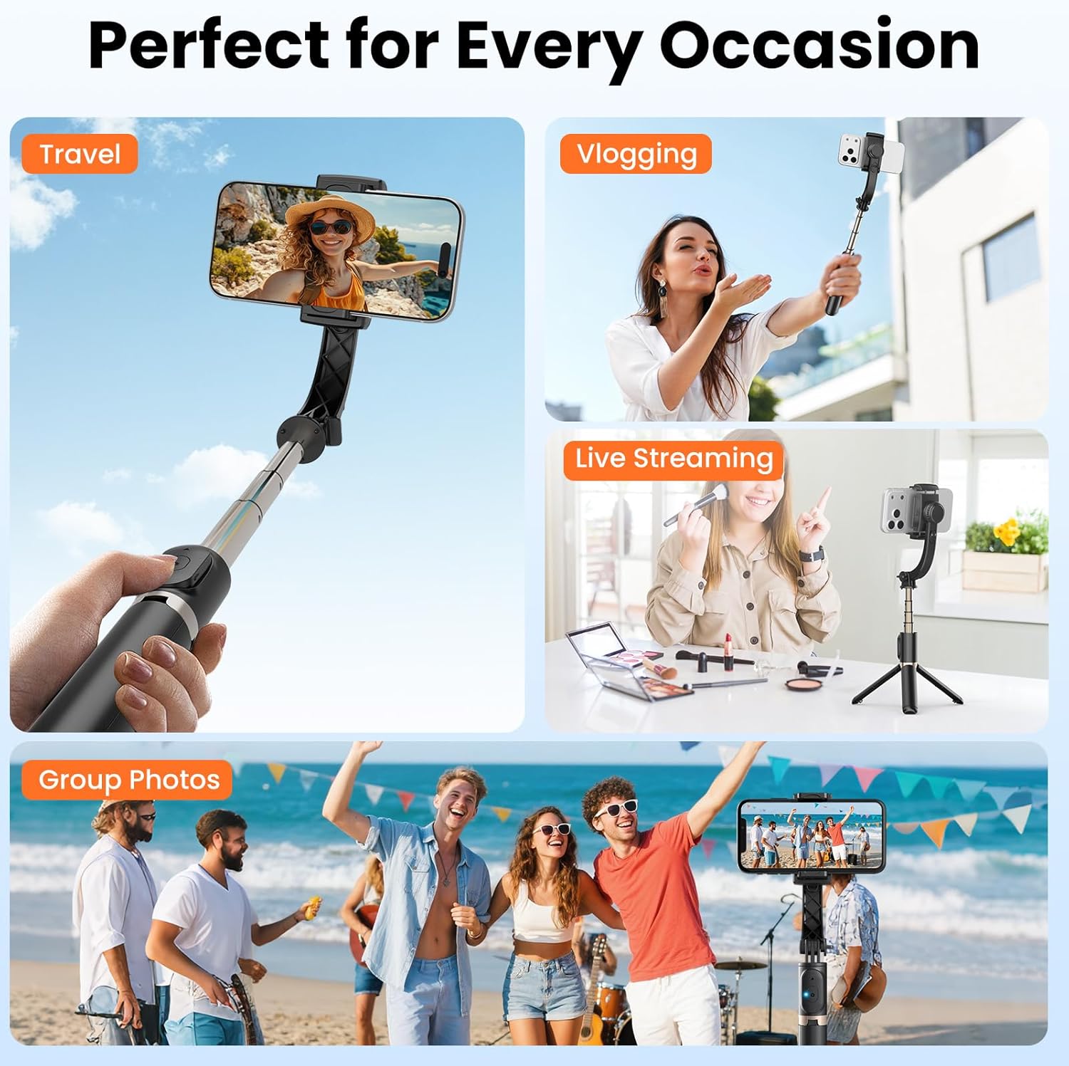 Gimbal Stabilizer for Smartphone, 1-Axis Auto Balance Handheld Gimbal, 360° Rotating Extendable Selfie Stick Tripod