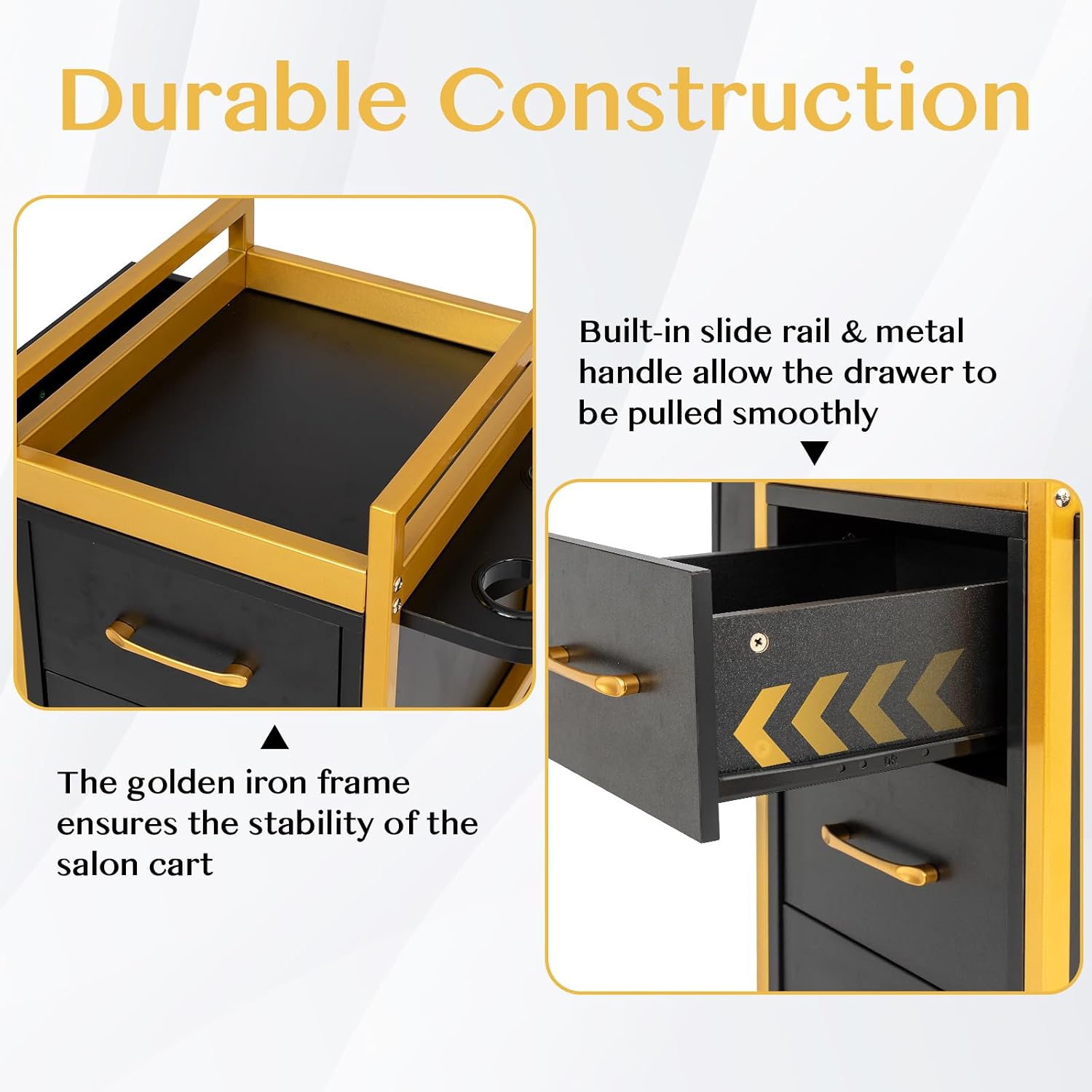 Beauty Salon Trolley Cart w/4 Drawer, 5 Tool Holders, Black & Gold | Lockable Salon Cabinet with 360° Wheels, Mobile