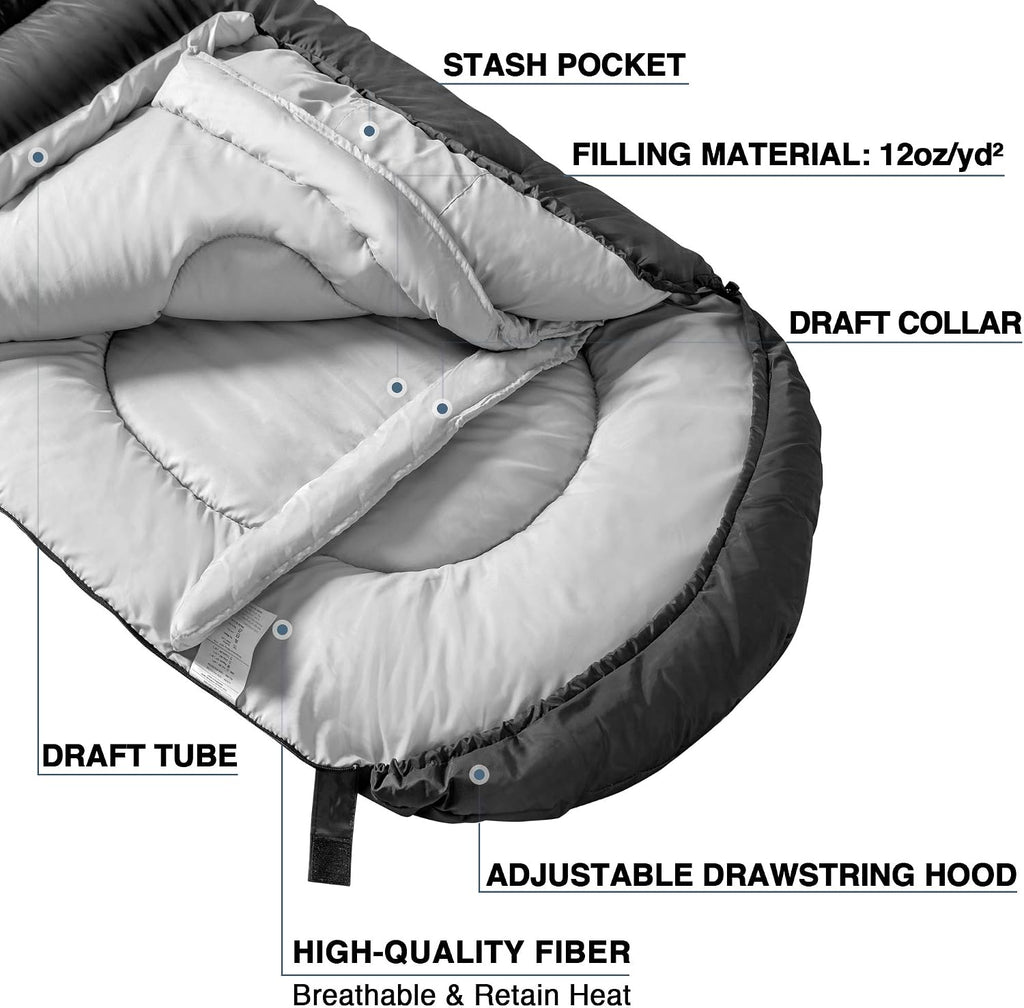Camping Sleeping Bag- 4 Seasons for Adults, Light, Warm, Extra-Large with Compression Sack- Great for Hiking