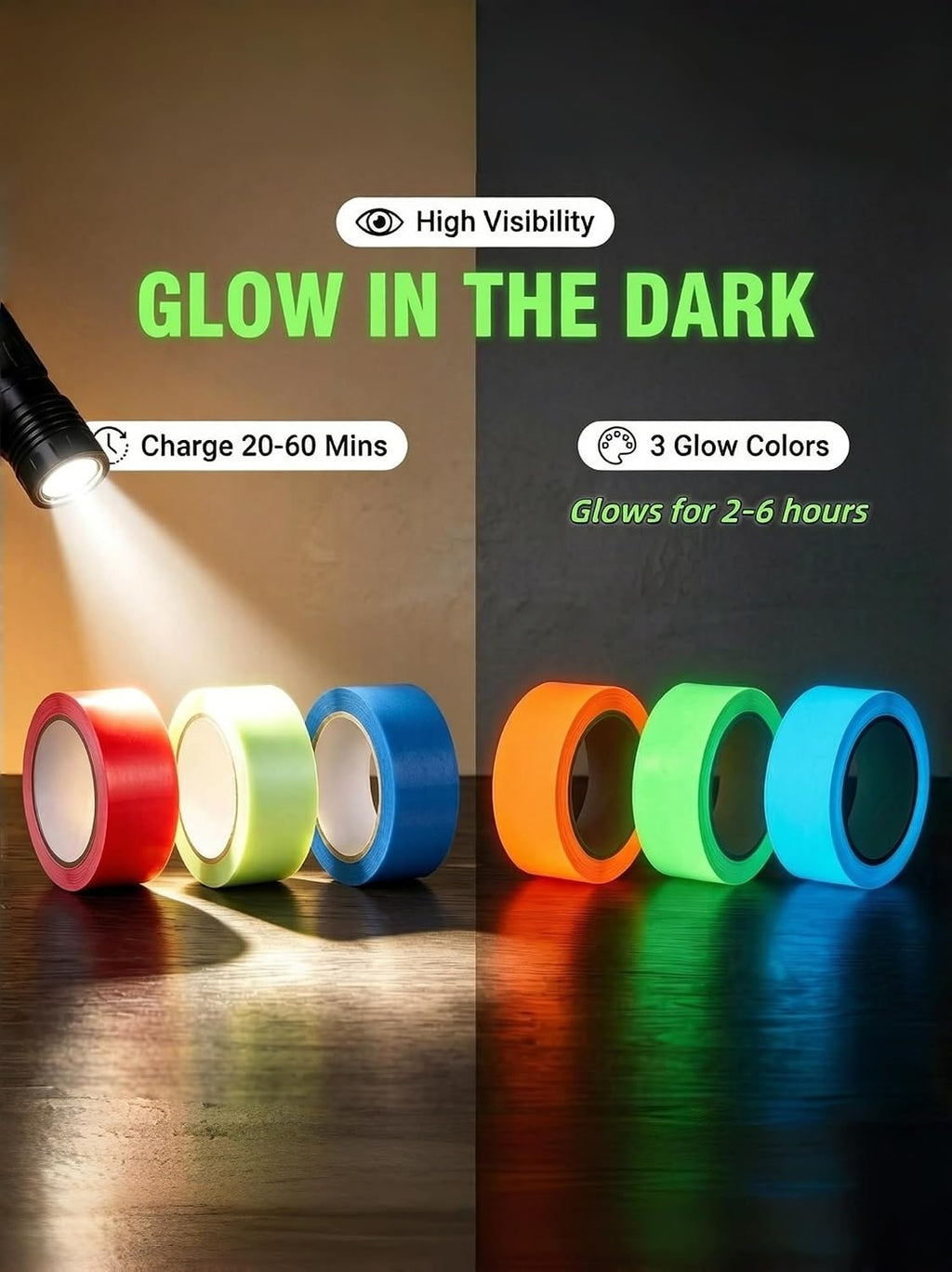 Glow in the Dark Tape, 3-Rolls, 1" x10FT Each, Adhesive, Luminous