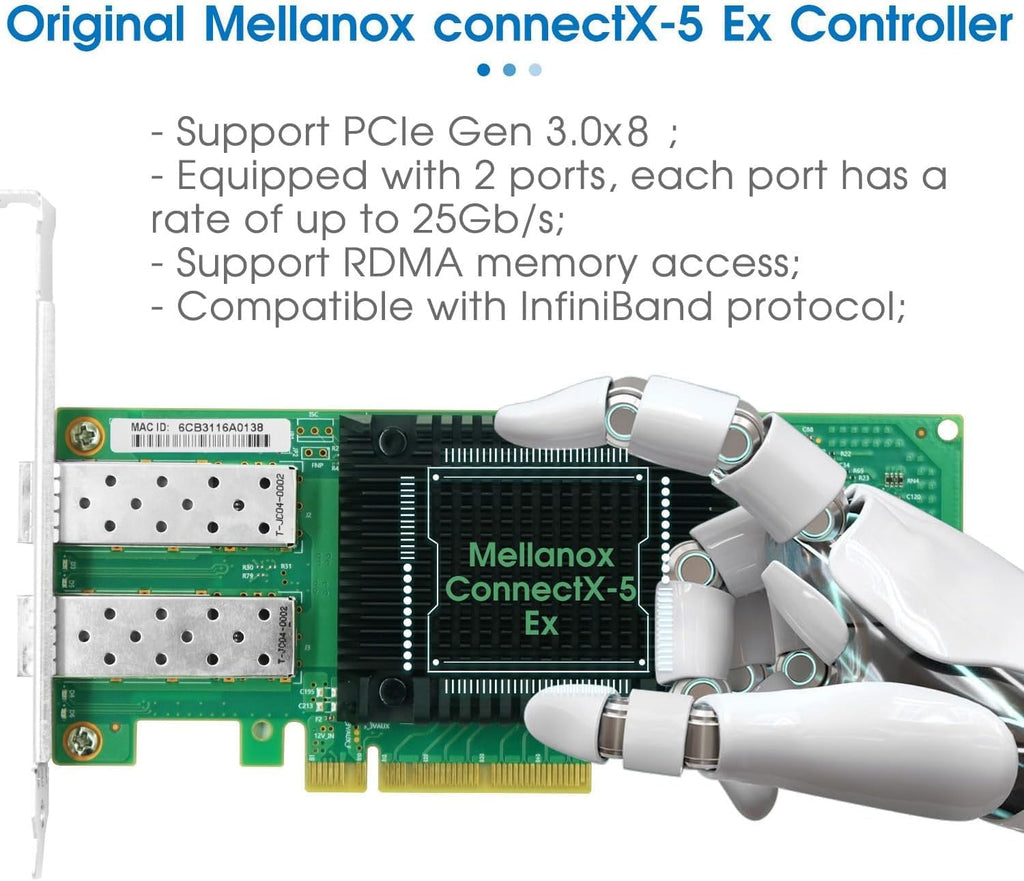 Mellanox ConnectX-5 Ex 25Gb/s Dual SFP28 Ethernet Card, PCIe 3.0 x8, RDMA Direct Access, InfiniBand Compatible, Ultra Low Latency Server Network Card