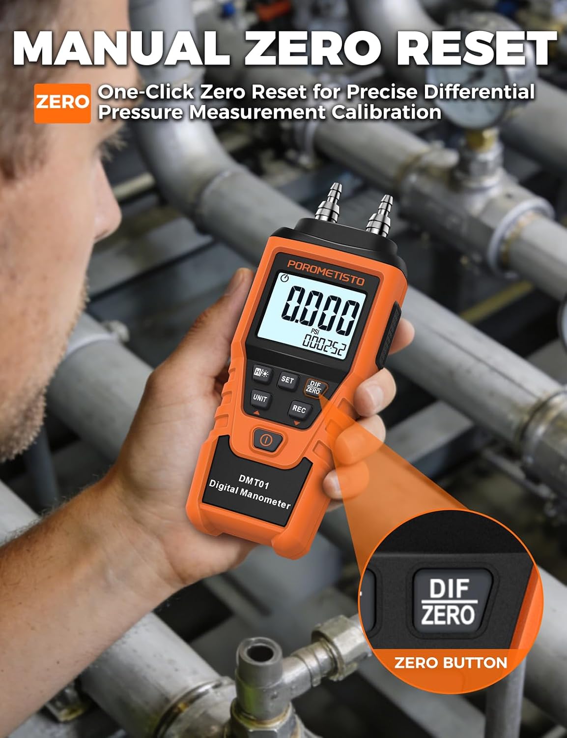 DMT01 Digital Manometer POROMETISTO, Manual Calibration Custom Zero