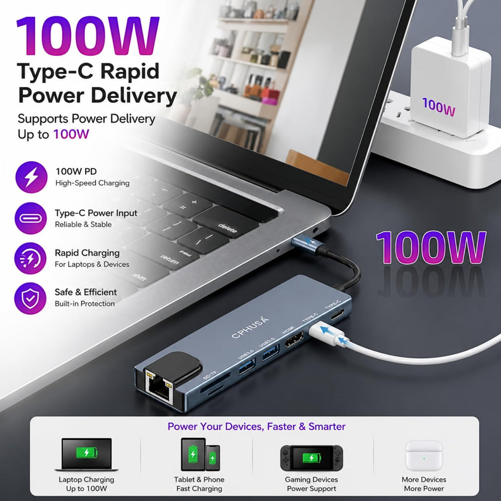 8-in-1 USB C Docking Station, Type C Hub with 4K HDMI Output, Ethernet RJ45, 100W Power Delivery, SD/TF Card Slots &
