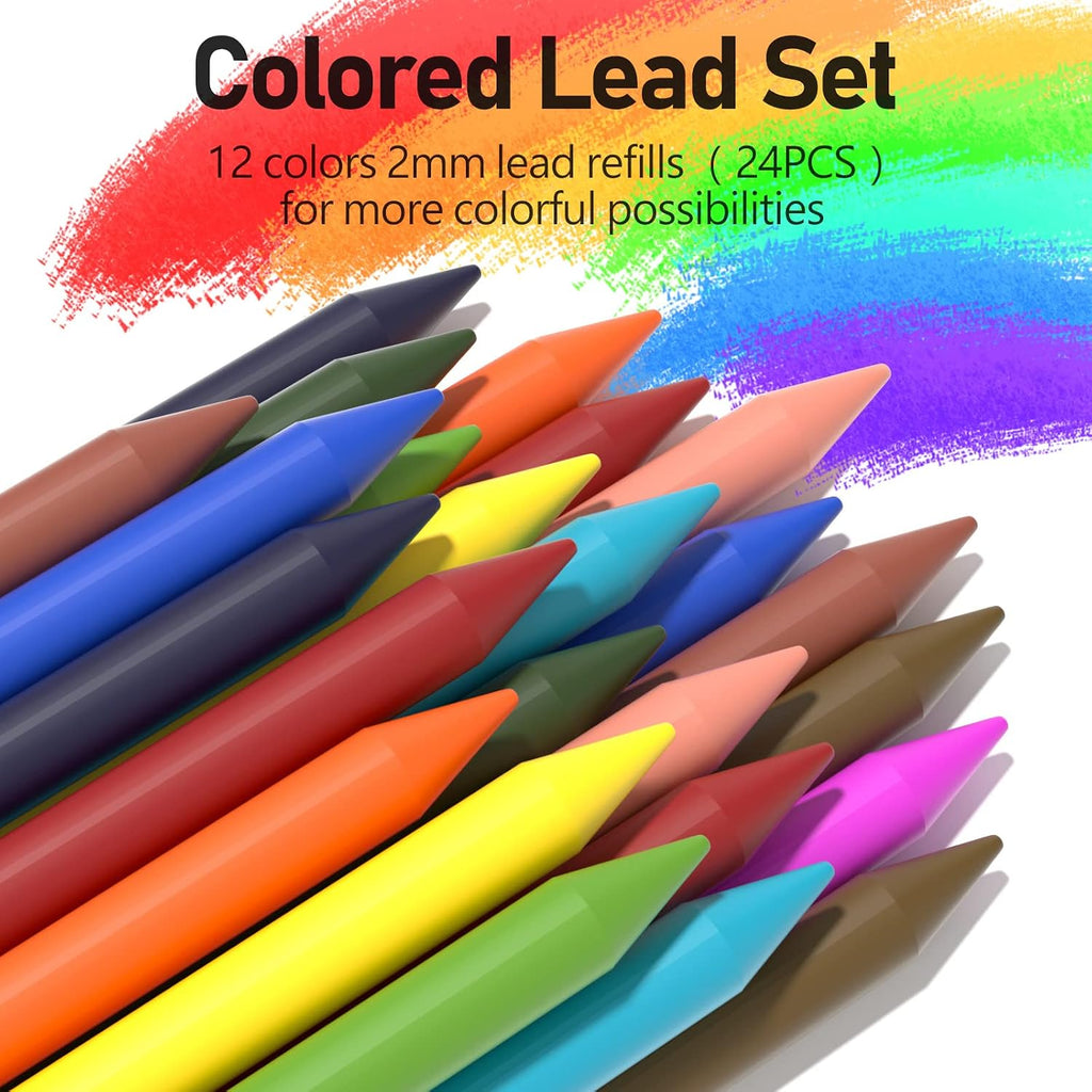 25PCS Mechanical Pencil Set, 0.5, 0.7, 0.9 & 2mm, Storage Case | 432 Lead Refills (HB 2H 2B 4B Color), Kneaded
