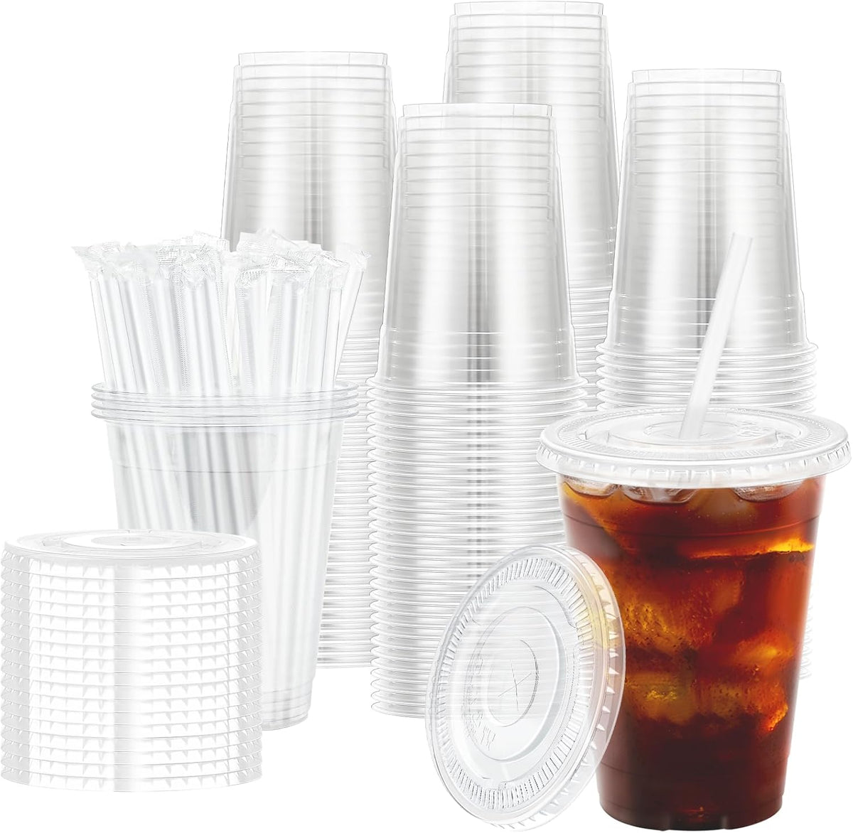16 oz 100 Pack Clear Plastic Iced Coffee Cups with Lids Disposable