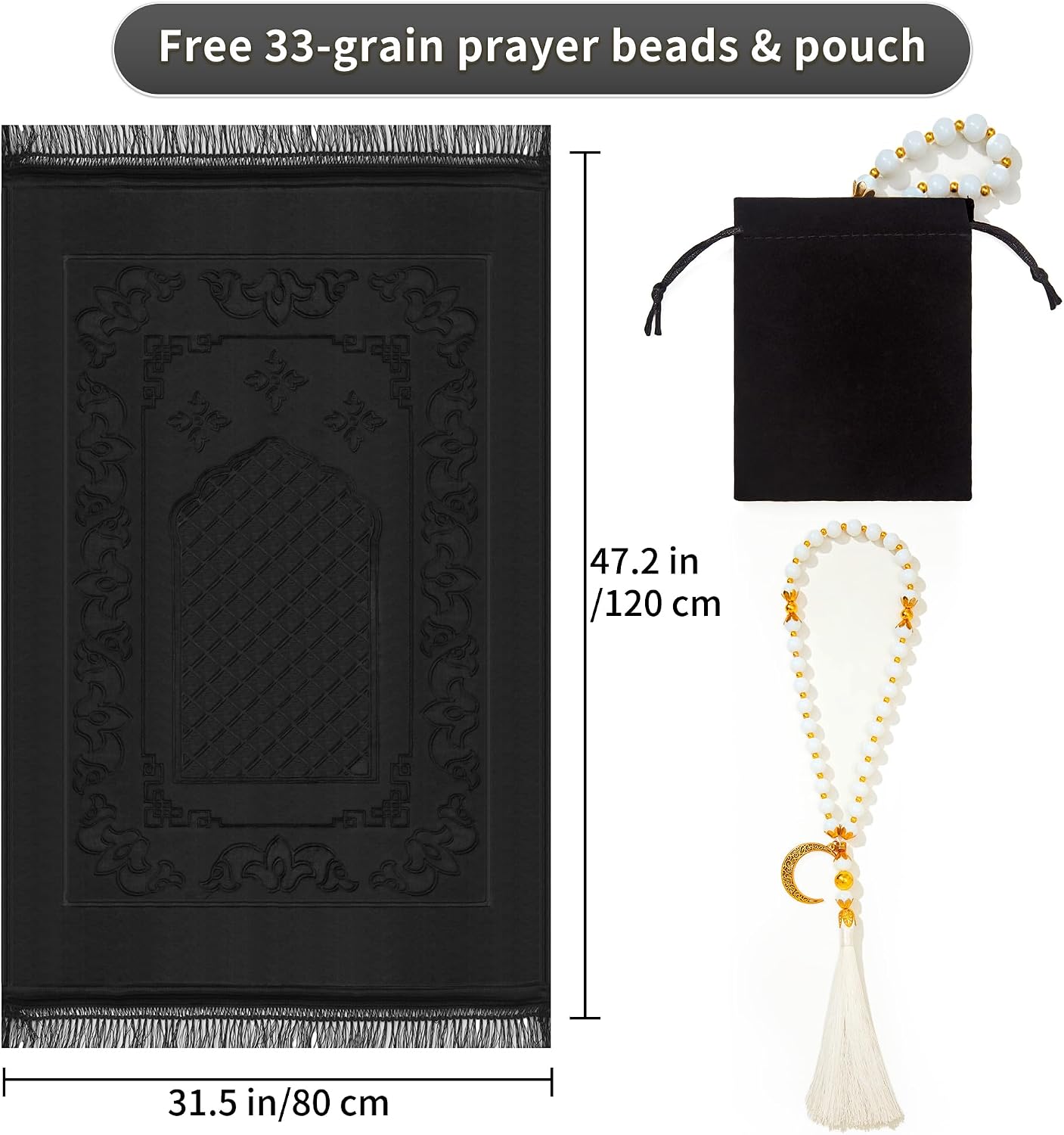 Muslim Prayer Rug with Tasbih Prayer Beads, Soft Large Prayer Matt Islam, Padded Islamic Prayer Mat Thick for Men and