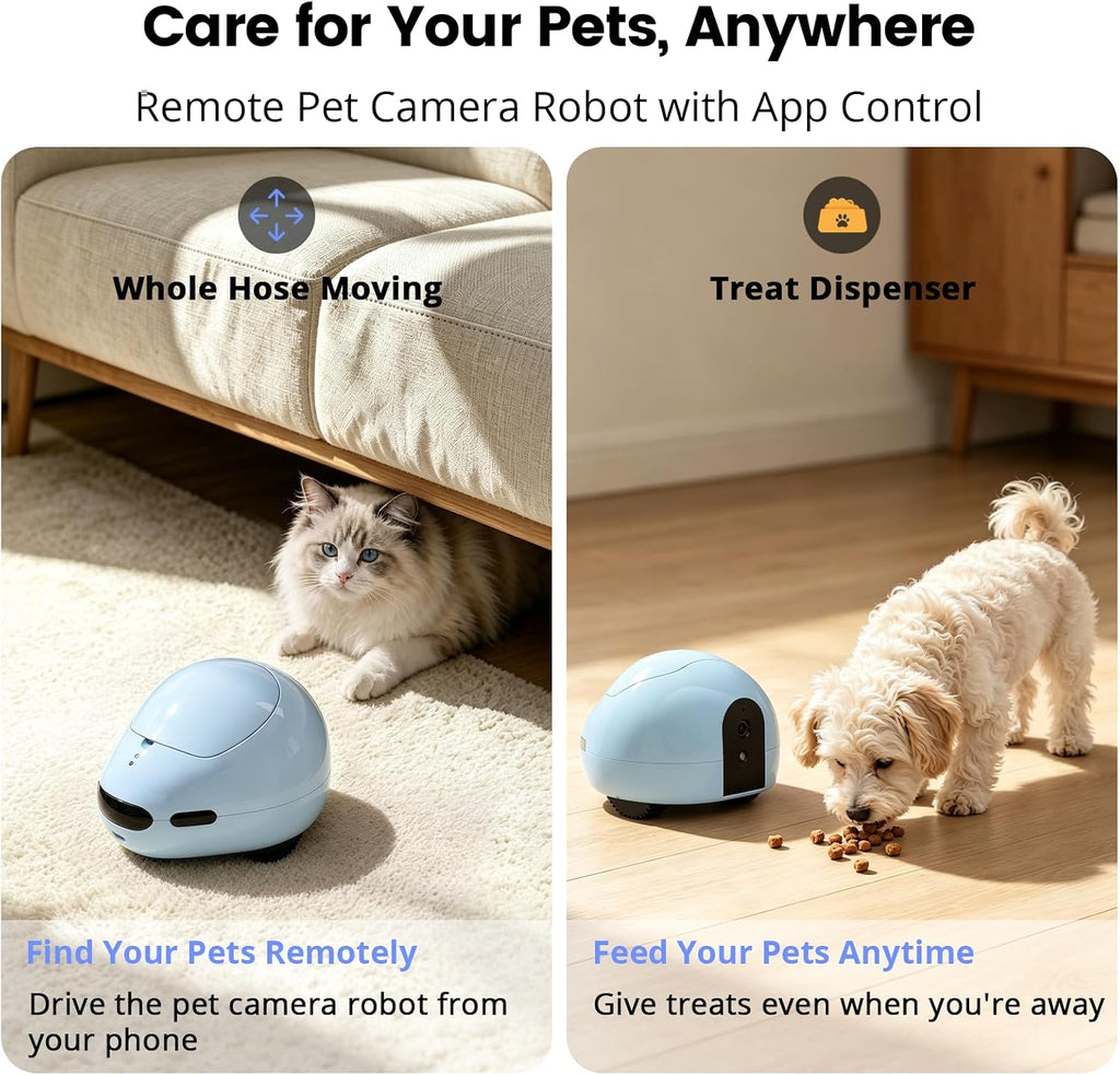 Pet Camera Robot with Treat Dispenser & Laser, Mobile Cat & Dog Home Companion, Remote Control Pet Monitor with
