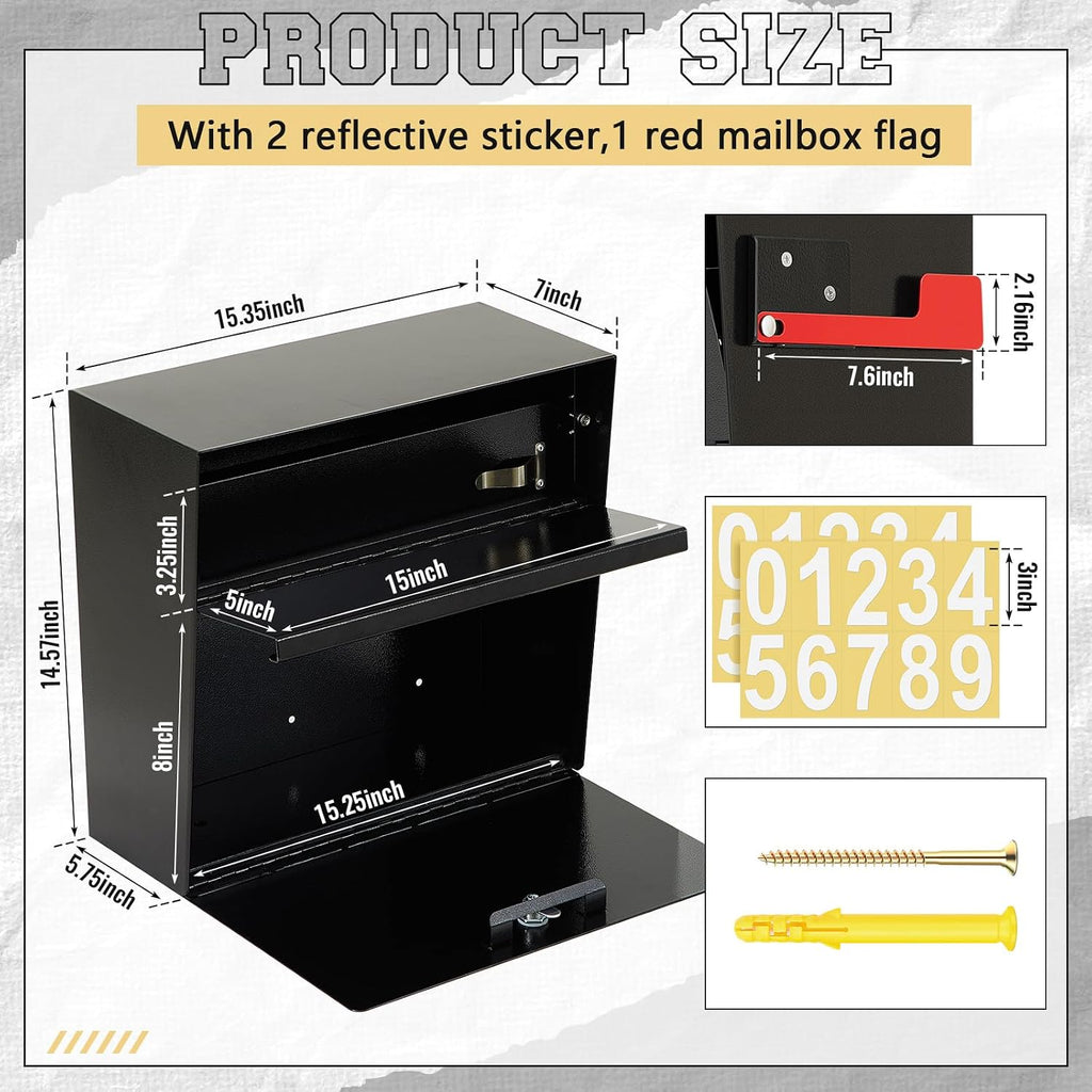 Extra Large Wall Mount Mailboxes for Outside 15.35 x 15 x 7 Inches Locking Security Mail Box Galvanized Steel Wall