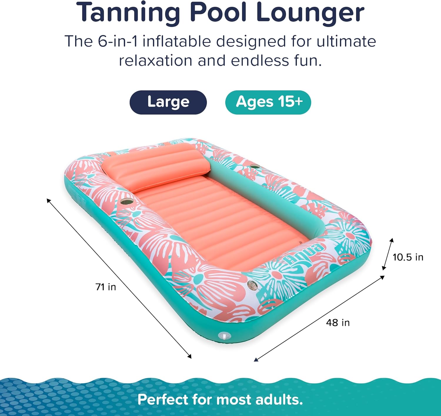 Aqua Inflatable Tanning Pool Lounger, Premium Pool Float with Cupholders and Removeable Pillow for Relaxation and Fun