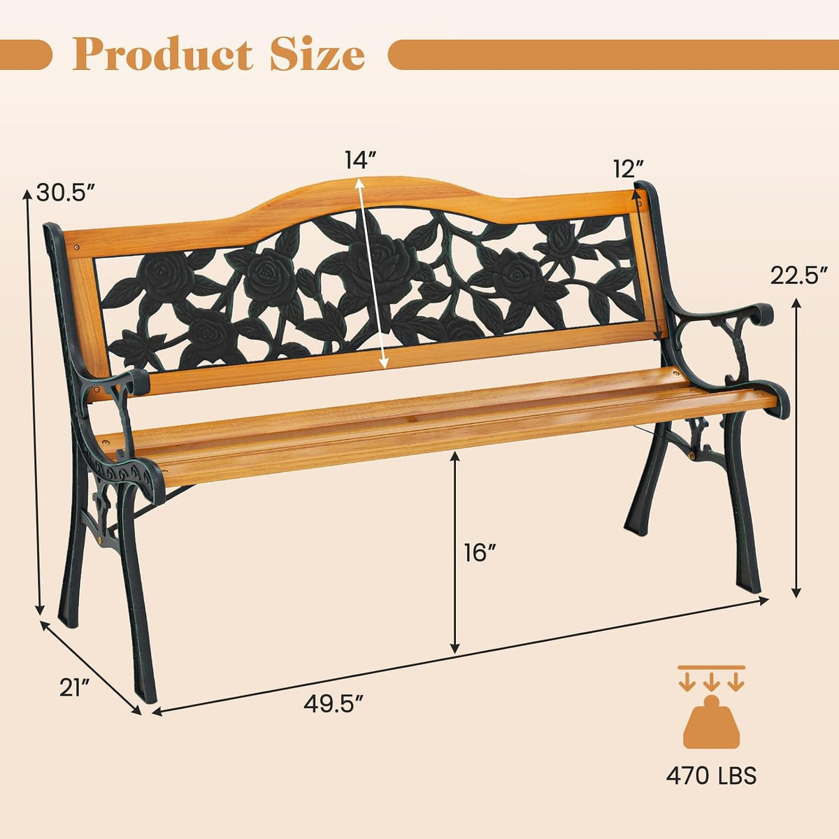 Outdoor Bench with Slatted Seat, Curved Armrests, Flower Pattern Backrest, 470 Lbs Capacity, Cast Iron Metal Patio