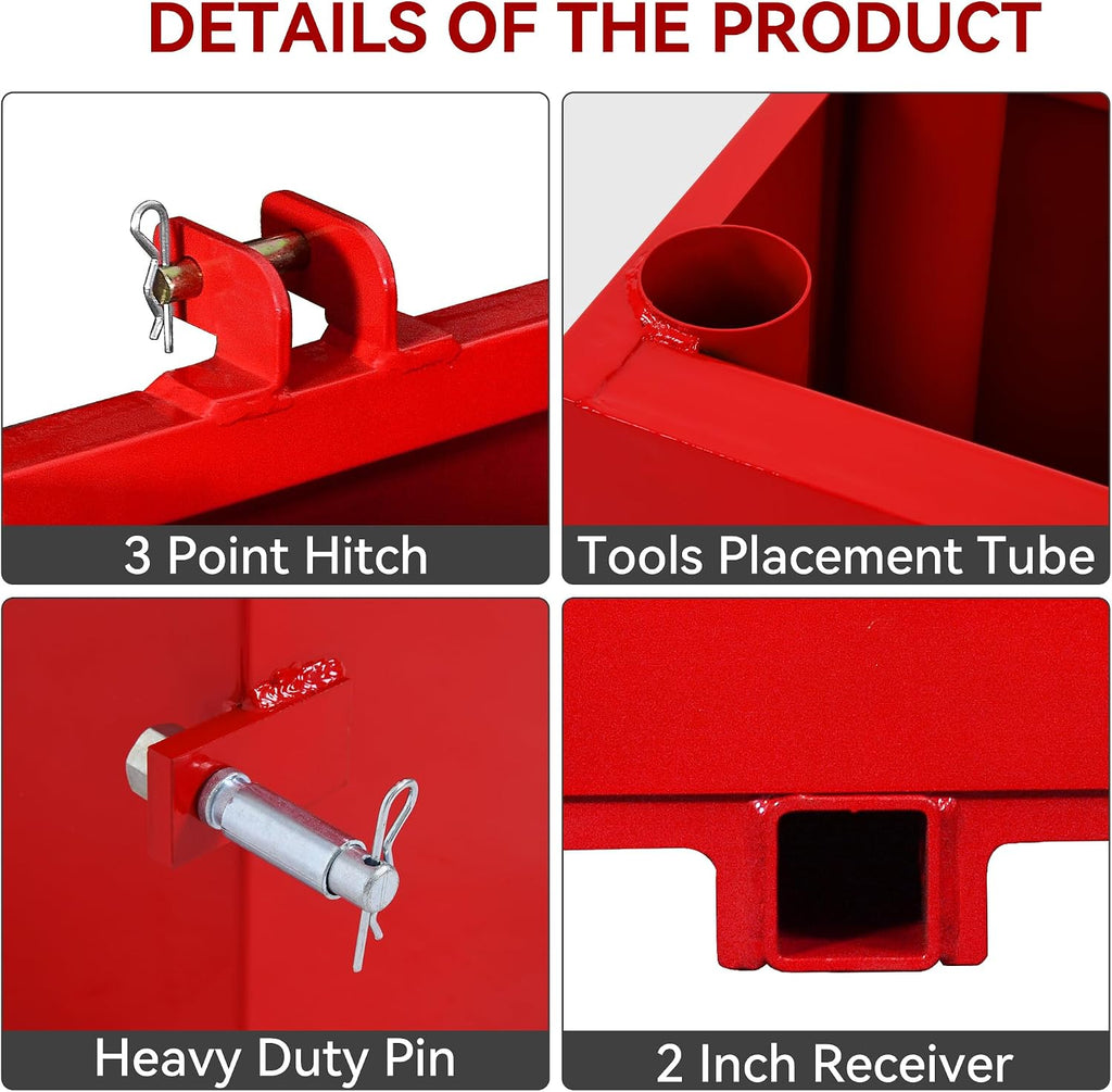 3 Point Hitch Ballast Box, 800 lbs Tractor Ballast Box with 2'' Quick Hitch Receiver for 3 Point Category 1 Tractors