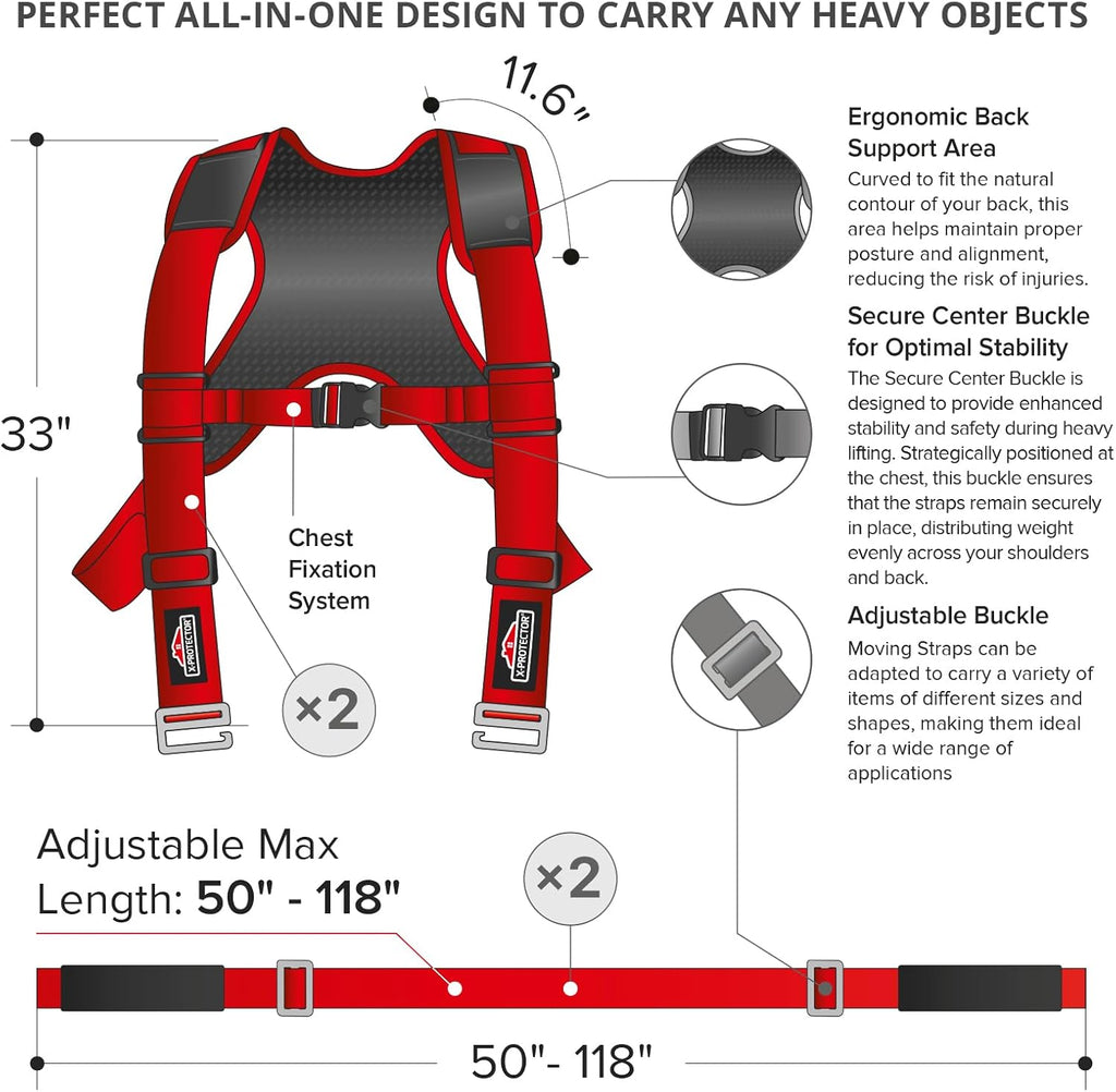 Moving Straps - 2 Pairs - Red Lifting Straps for 2 Movers | Move Furniture Easily and Safely - Perfect for Lifting &