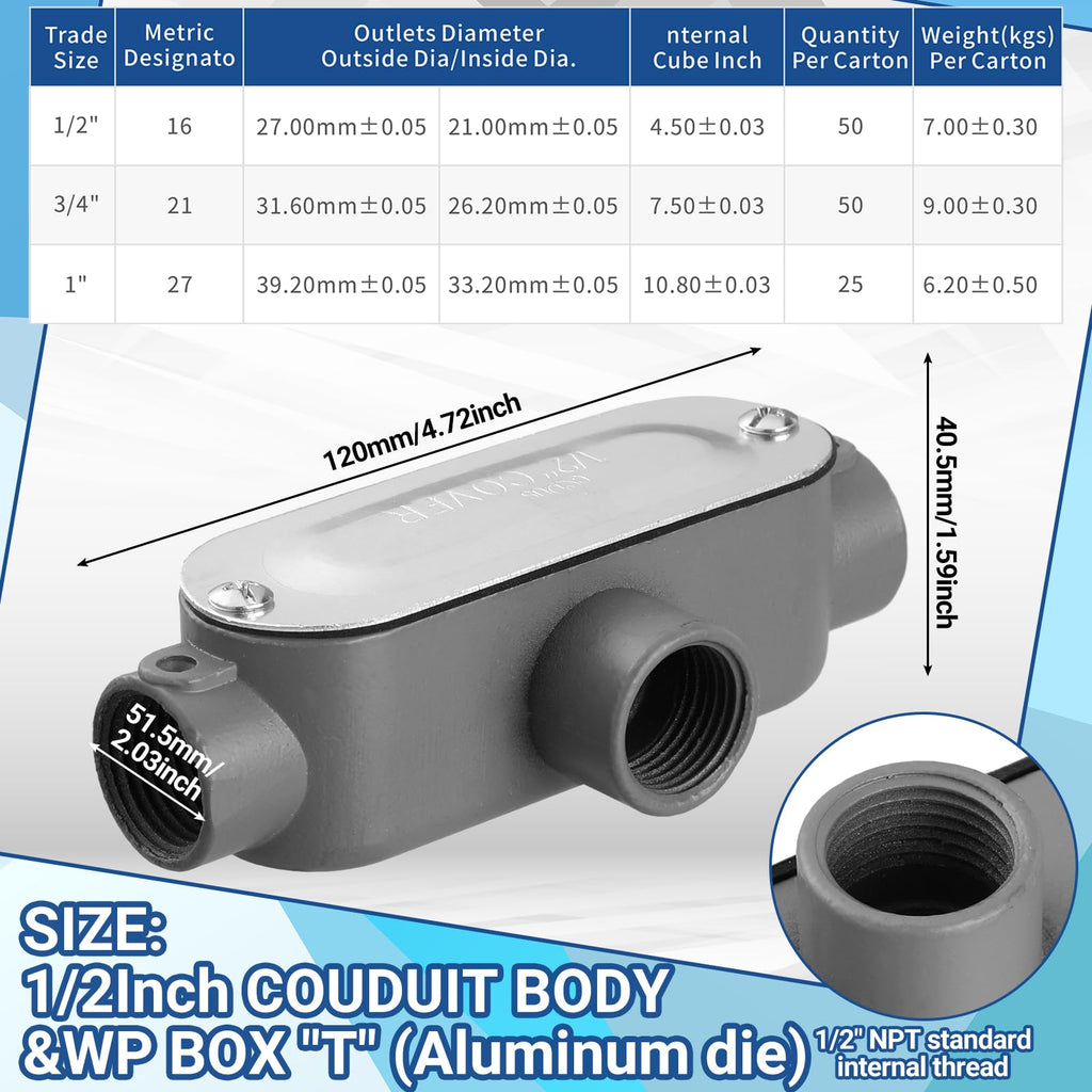 Tandefio 4 Pcs 1/2 Inch Threaded T Type Conduit Body Junction Box