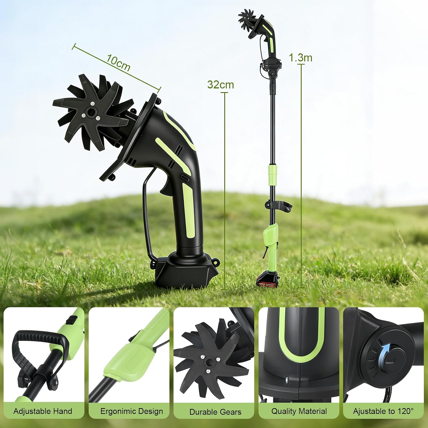 21V Cordless Tiller Cultivator, 2-in-1 Electric Garden Tiller with 2×1.5Ah Batteries, 550W Hand Tiller, 100mm Tilling