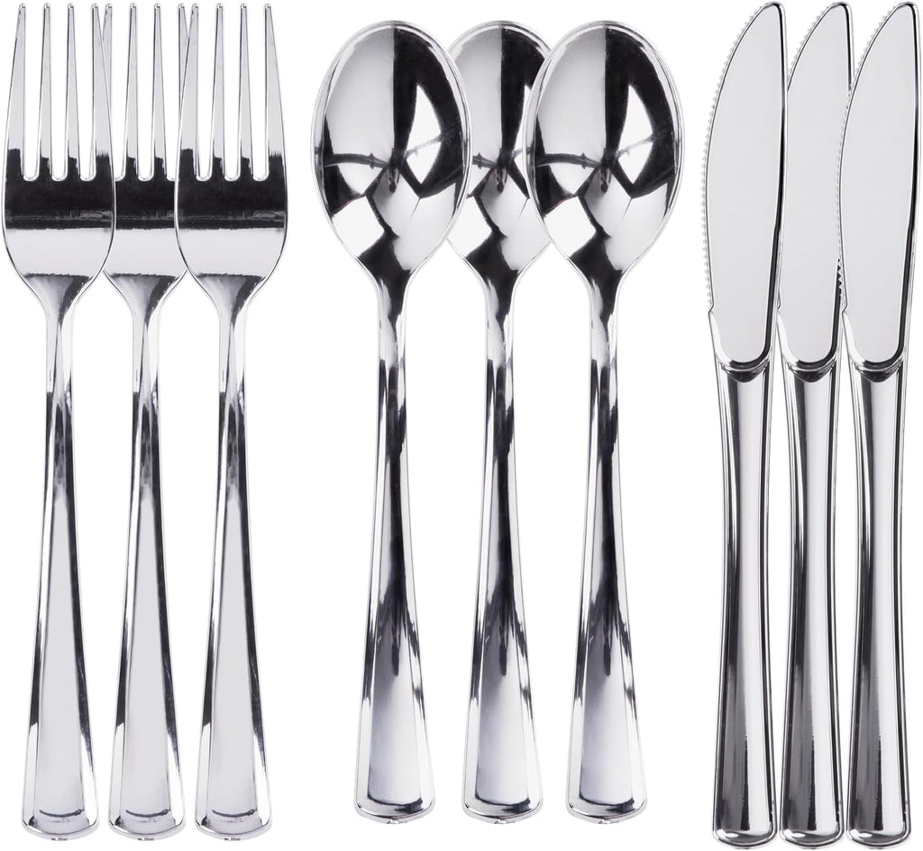 300 Piece Heavy Duty Plastic Silverware Set - 100 of Each Silver Plasticware Forks, Spoons, Knives - Flatware Cutlery