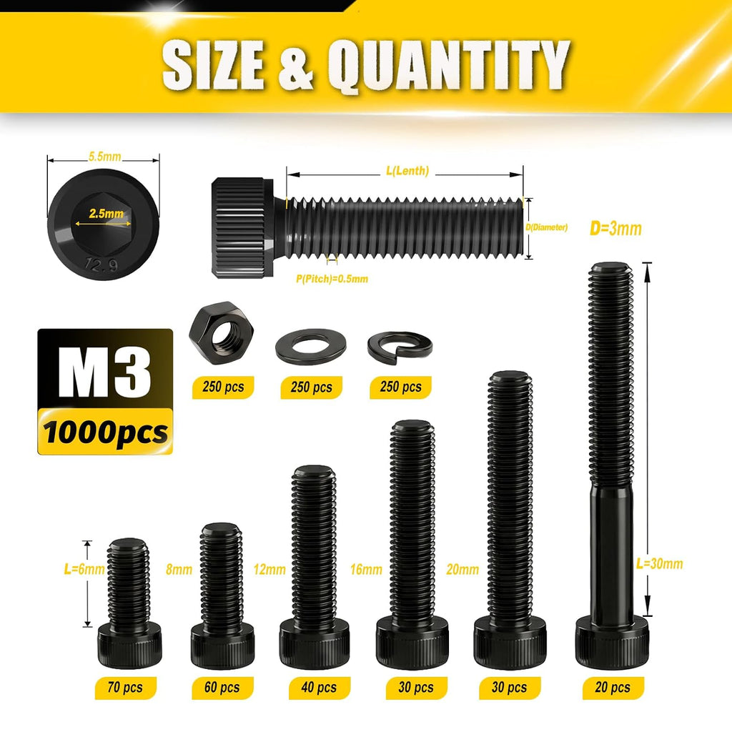 M3 Screws 1000Pcs Socket Head Cap Screw Assortment Kit for 3D Printing DIY