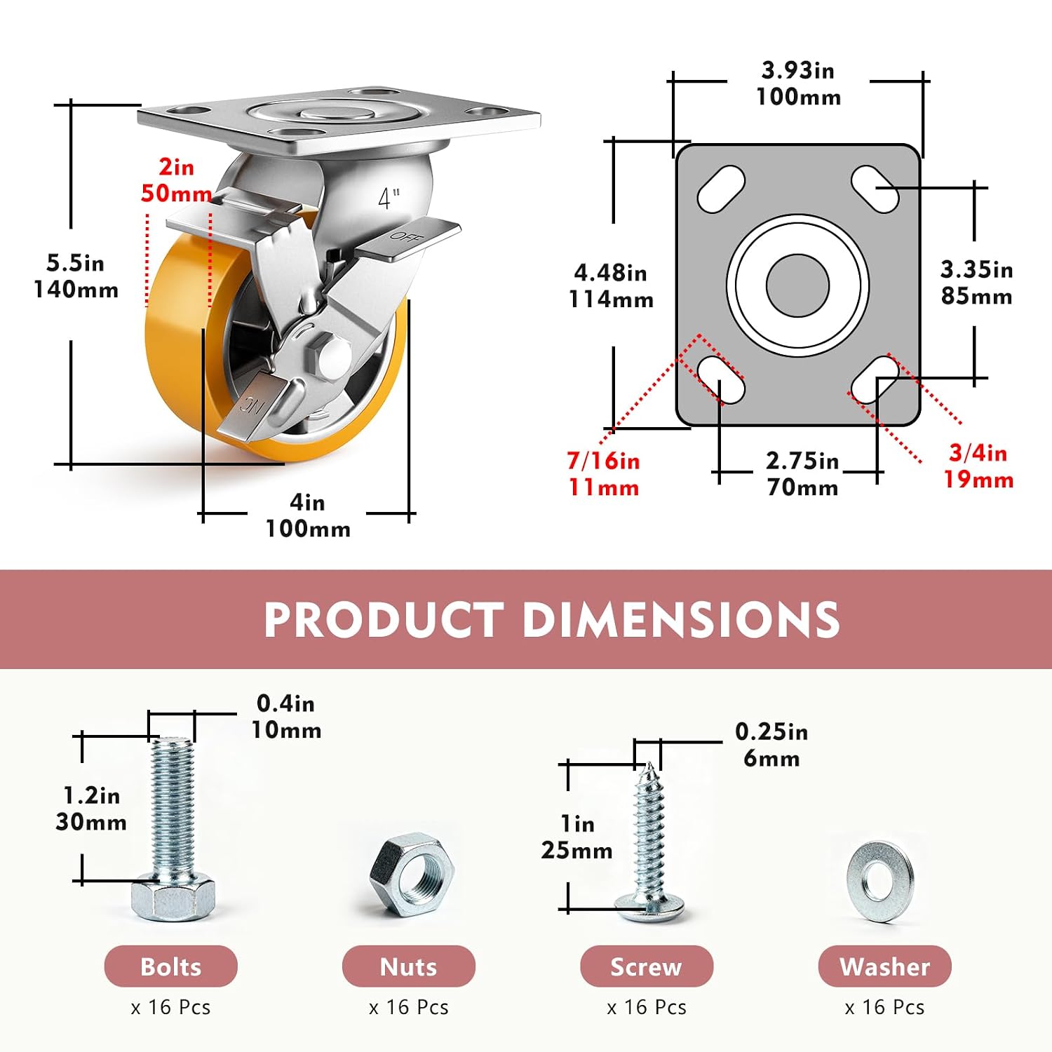 4 Inch Heavy Duty Casters Set of 4, Industrial Locking Casters 4000lbs Load Capacity, Plate Swivel Castor Wheels for