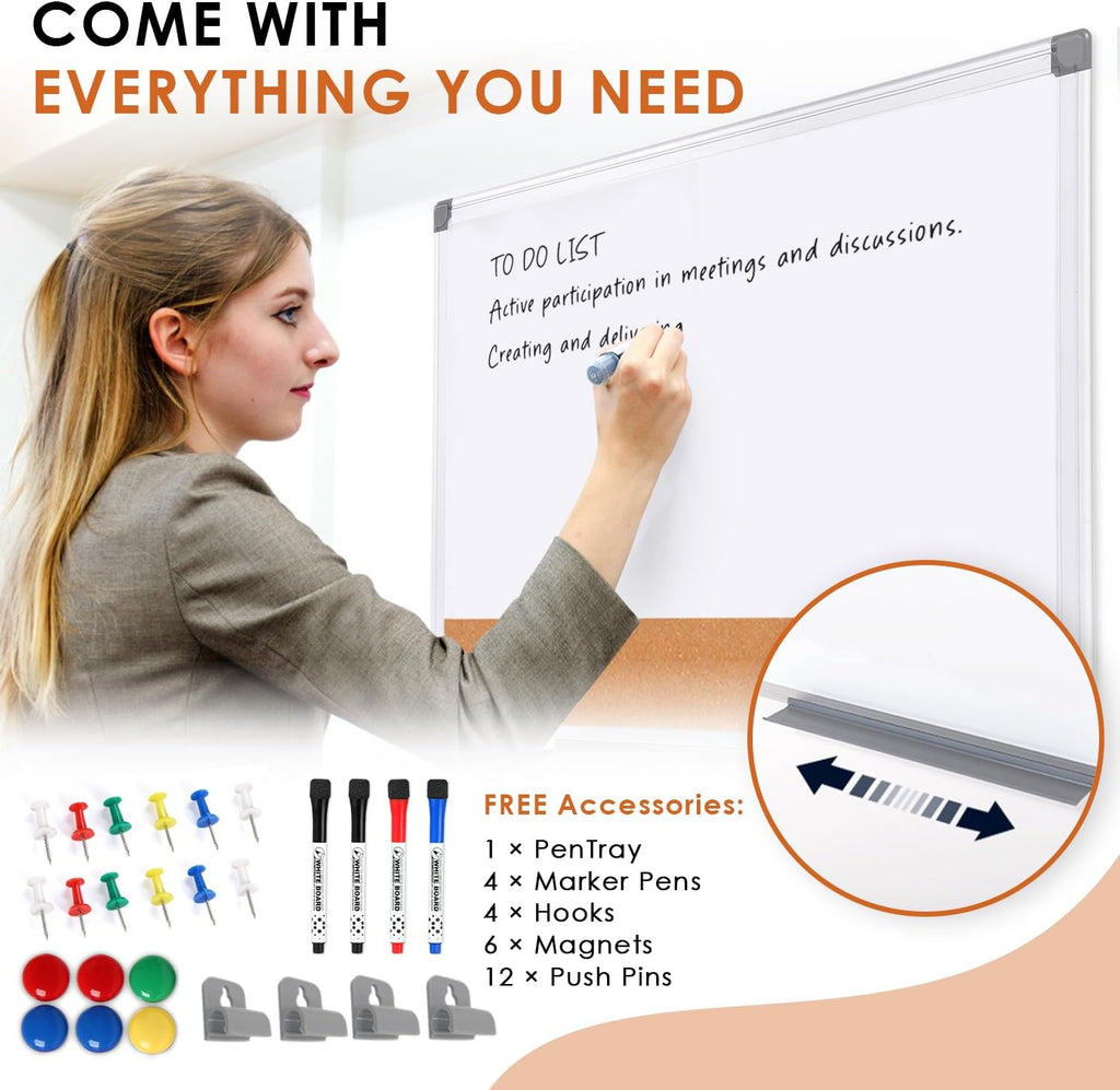 Magnetic Dry Erase and Cork Board Combo Hanging Whiteboard Notice Board for Wall Gift Home School Office, 36 x 24