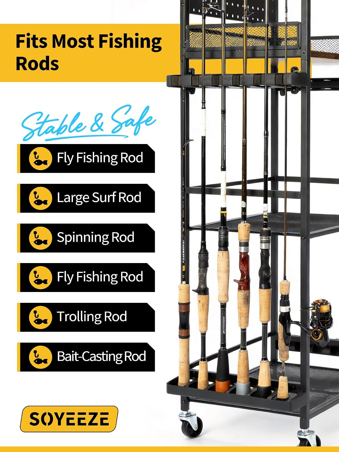 Fishing Rod Holders for Garage, Fishing Pole Holders Up to 12 Rods with Pegboard and Hooks,Rolling Fishing Cart with