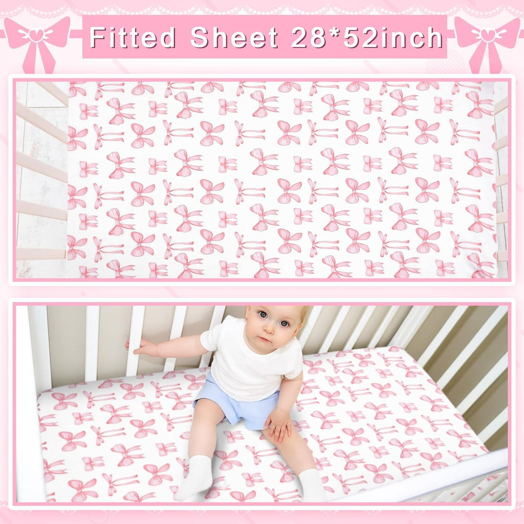 Baby Pink Bow Crib Bedding Set 3 Pcs Crib Set Baby Blanket, Fitted Sheet, Pillowcase Soft Flannel Nursery Bedding for