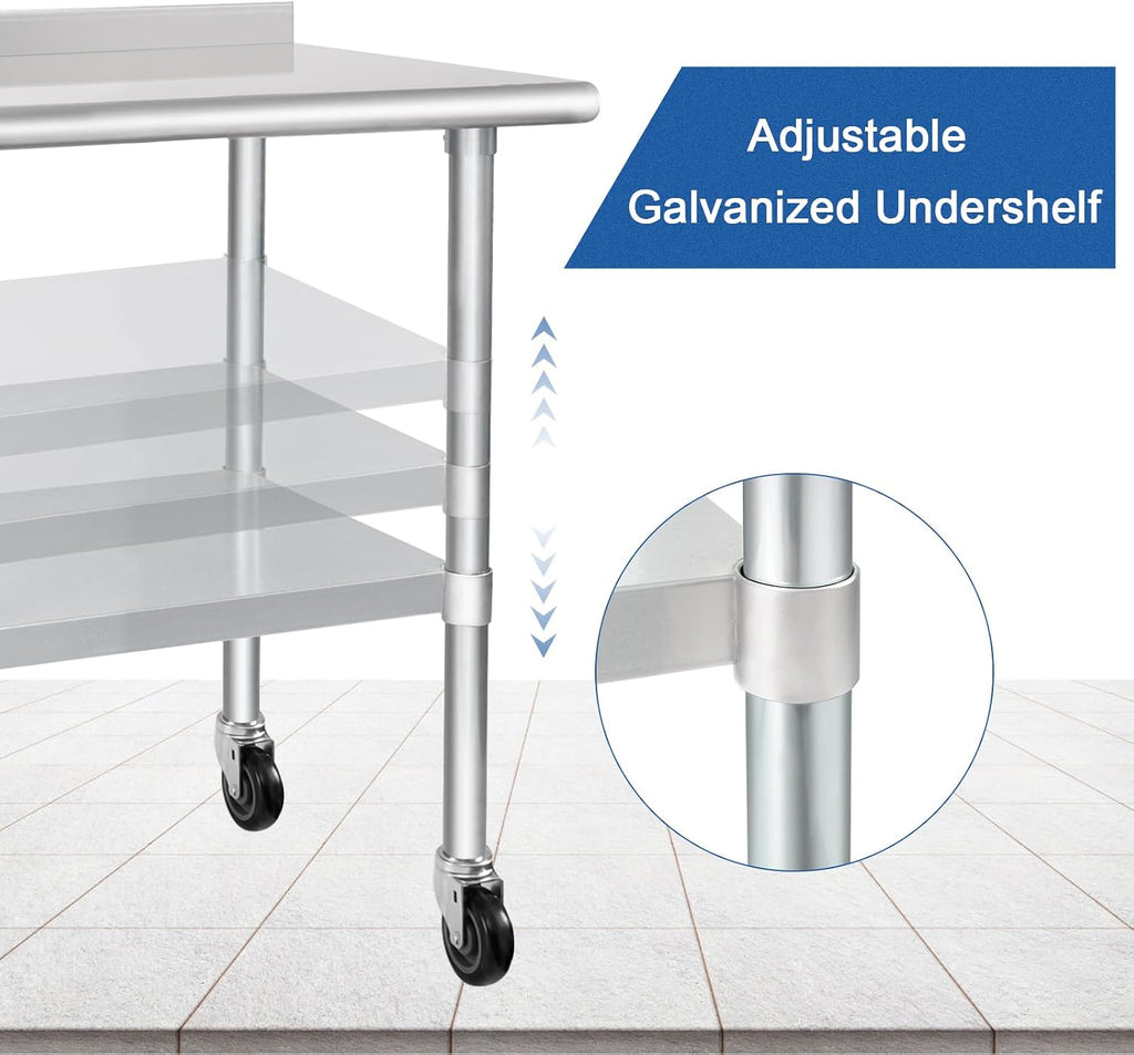 HARDURA Stainless Steel Table with Wheels 30X48 Inches, 2" Backsplash
