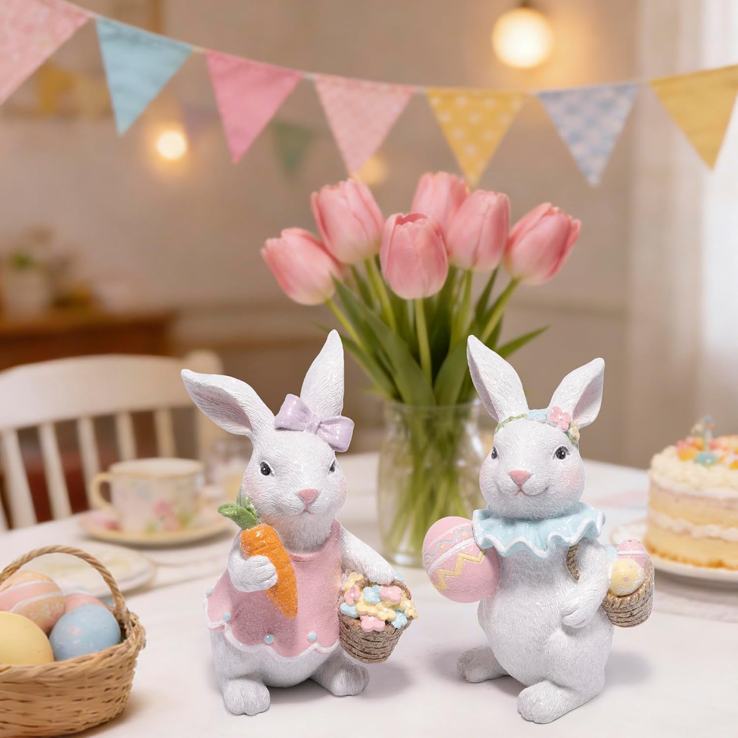 Easter Bunny Figurines Set, Spring Rabbit Decor with Easter Eggs Basket, Floral Wreath Bunny Statues, Tabletop Home