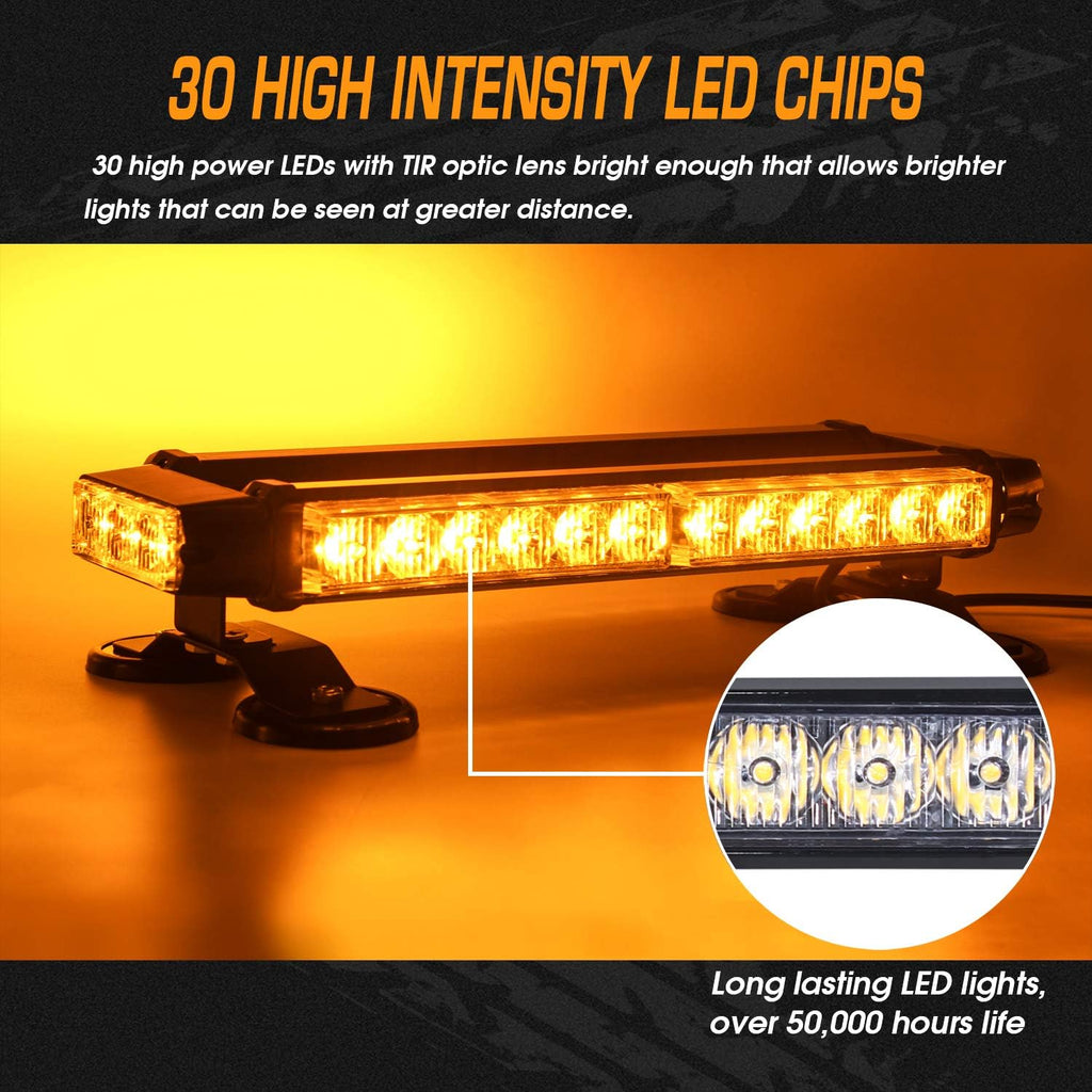 LED Strobe Flashing Light Bar with Magnetic Base, Amber | Aluminum Double Side 30 LED Emergency Hazard Warning Beacon