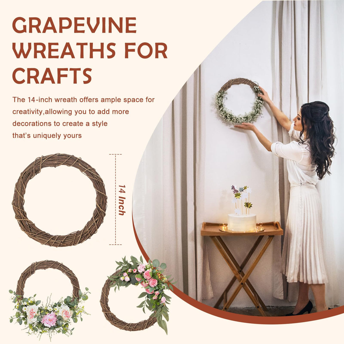 14 Inch Natural Bare Grapevine Wreath, Rustic Twig Base, 2 Pack