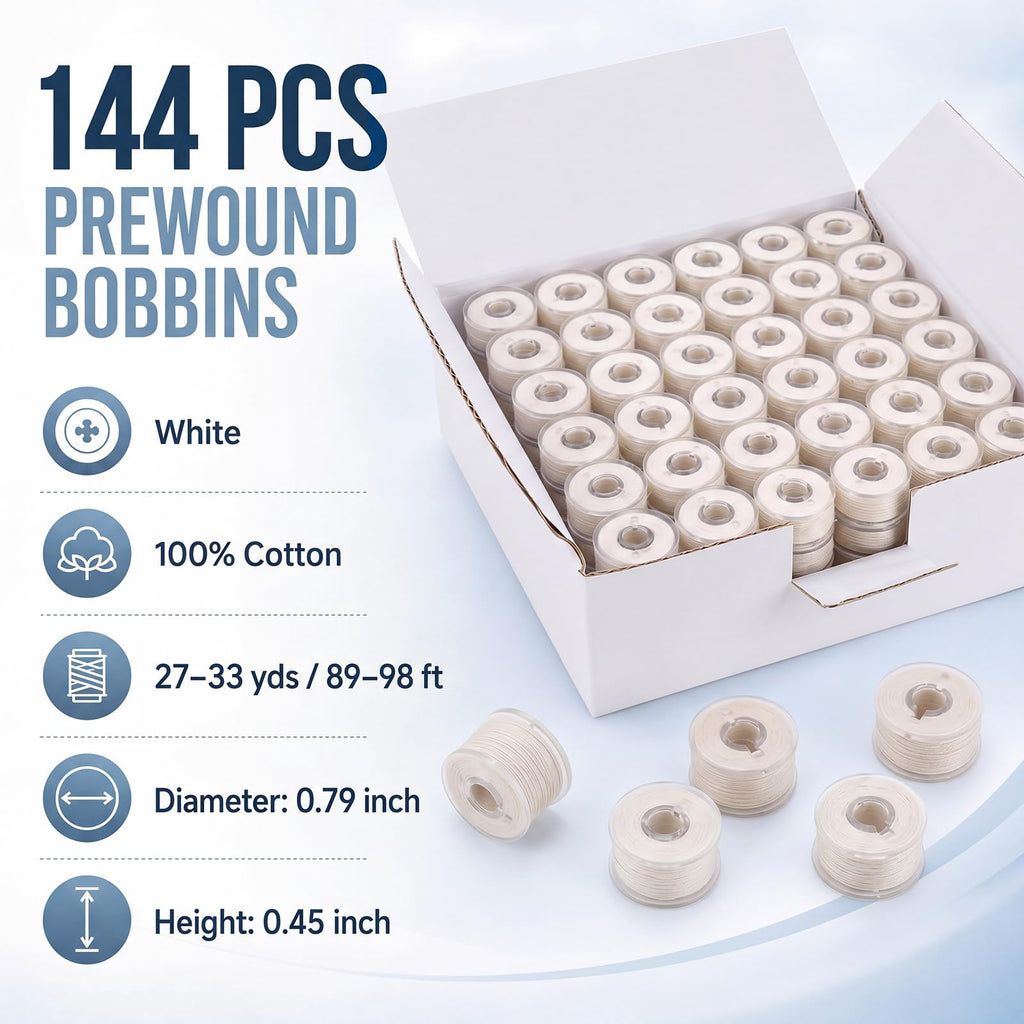 144 Pcs Cotton Prewound Bobbin Thread, Cream White, 40s/2(60wt)