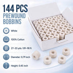 144 Pcs Cotton Prewound Bobbin Thread, Cream White, 40s/2(60wt)