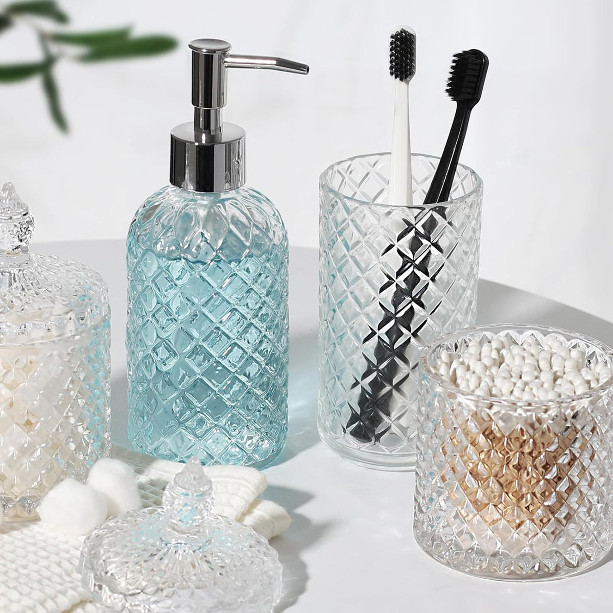 Bathroom Accessories Set, 4 Pack Clear Glass Bath Accessory Sets Complete, Diamond Soap Dispenser and Toothbrush