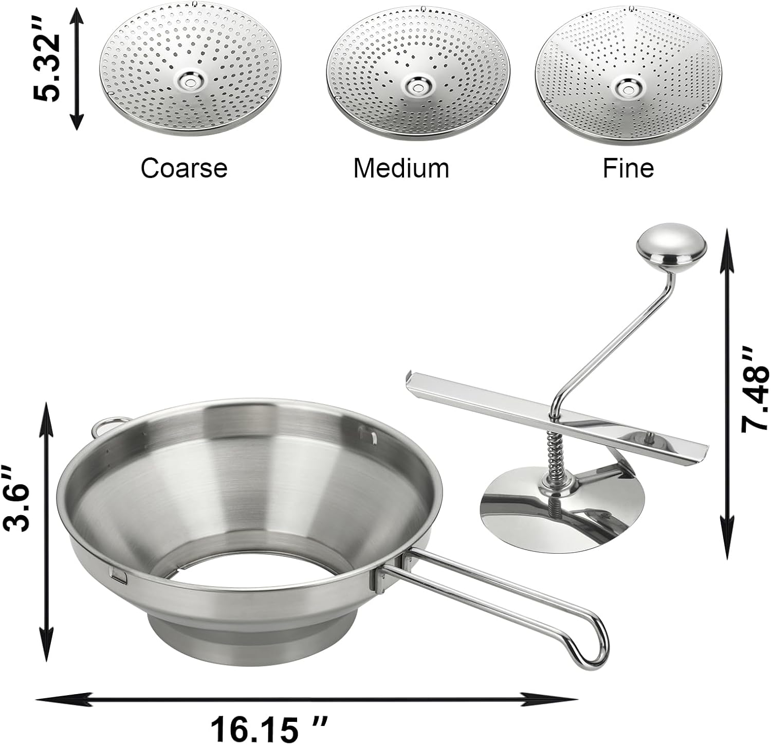Food Mill for Tomatoes, Stainless Steel Rotary Strainer with Coarse Disc