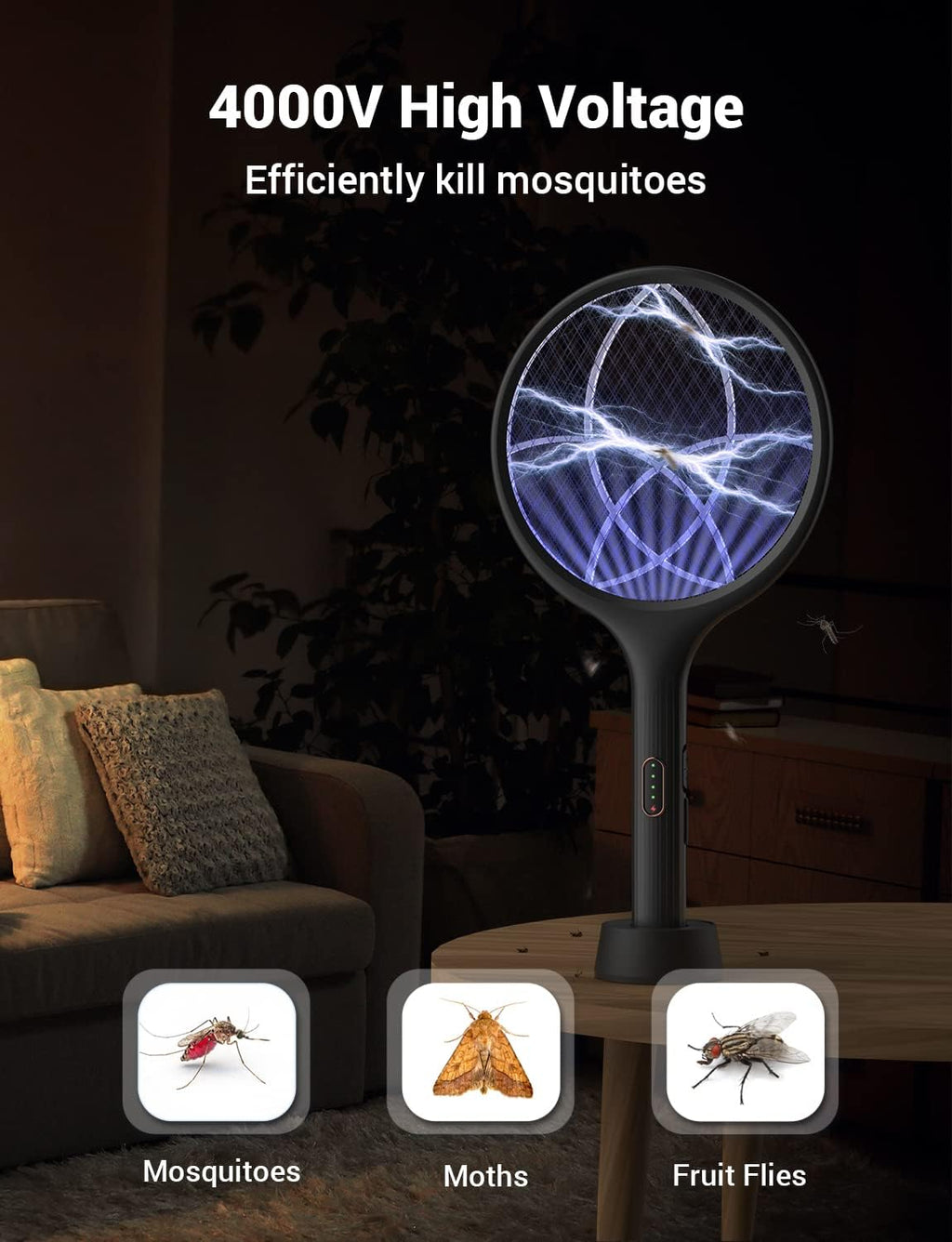 Electric Fly Swatter 4000V Bug Zapper Racket Dual Mode (2, Black) | Auto Manual Mode, Purple Attractant Light
