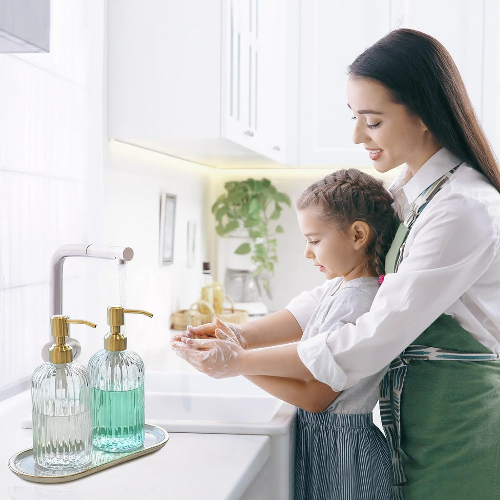 2PACK 18Oz Fluted Glass Soap Dispenser with Golden Rust Proof Pump | Refillable Kitchen Soap Dispenser with Vertical
