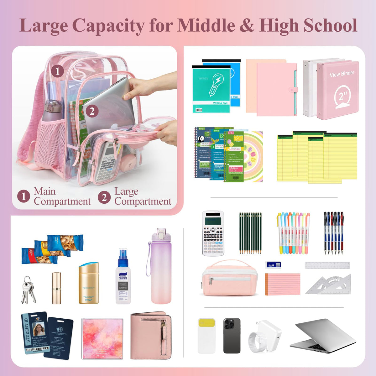 Clear Backpack for School - 18 Inch Extra Large Clear Bookbag, Pink