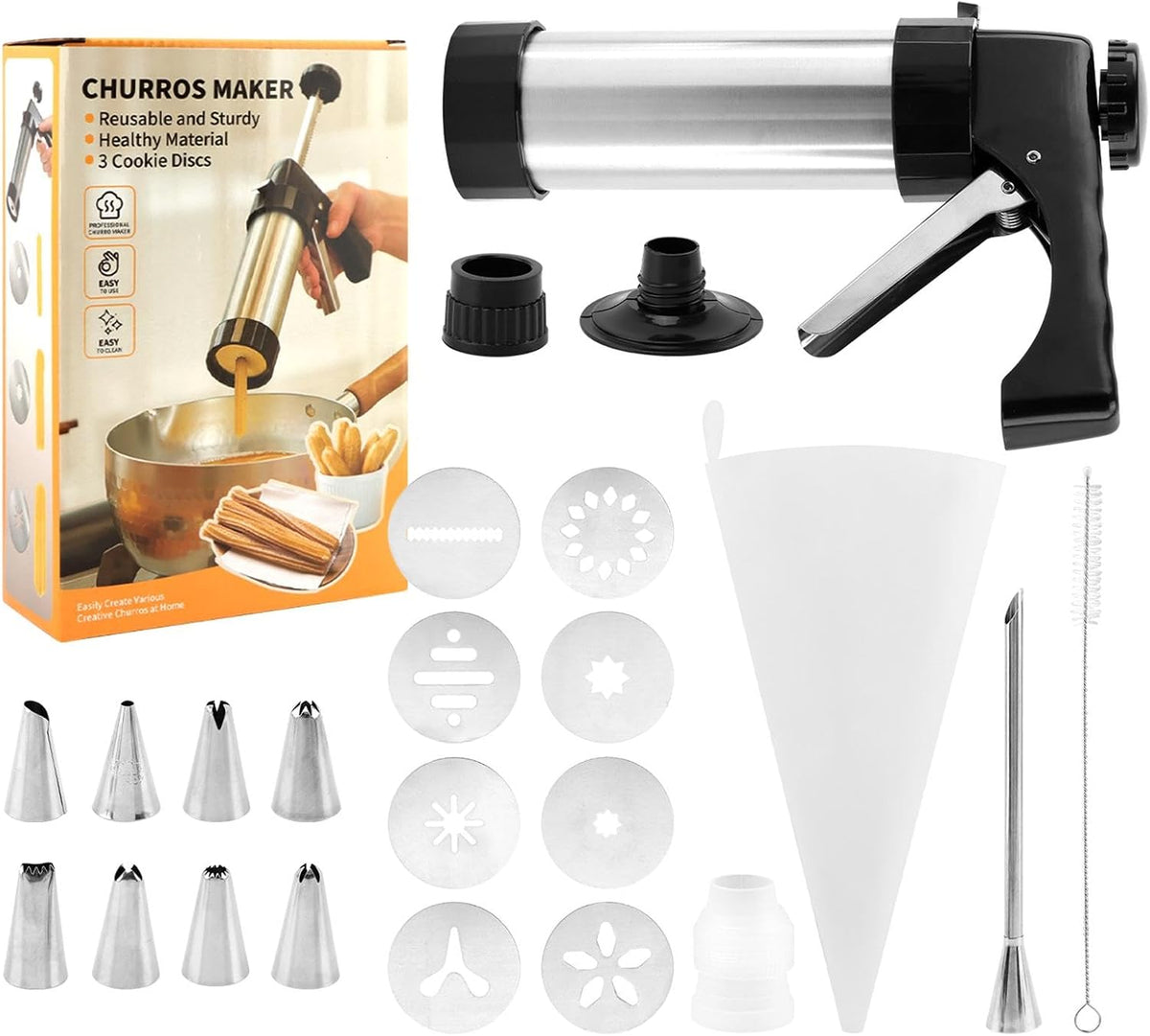 3-in-1 Churro Maker Kit, Stainless Steel Cookie Press Gun