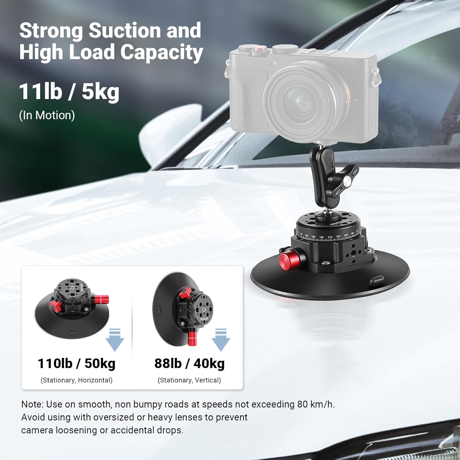 6"/15.2cm Camera Suction Cup Mount with Ball Head Magic Arm, Metal Suction Cup Mount on Car Windshield Dash for