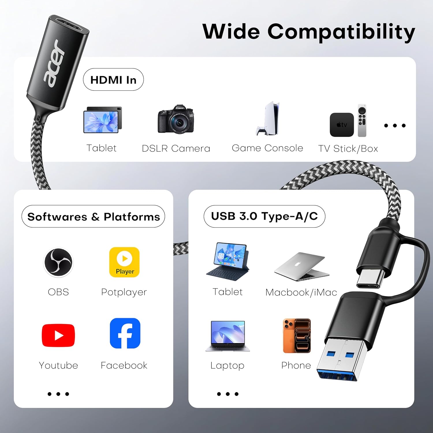 Video Capture Card HDMI to USB 3.0, 1080P 60FPS/2K 30FPS for Streaming | Plug and Play with Type-C & Type-A Ports