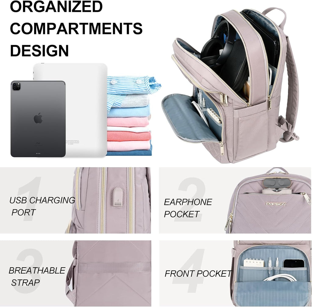 Laptop Backpack Purse for Women and Men with USB Charging Port, 15.6 Inch Travel Water Resistant Quilted Backpack