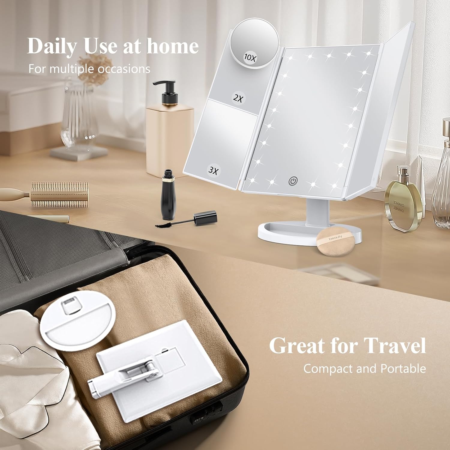 Makeup Mirror, Vanity Mirror with Lights, 2X/3X/10X Magnification, Touch Control, Trifold, Dual Power Supply