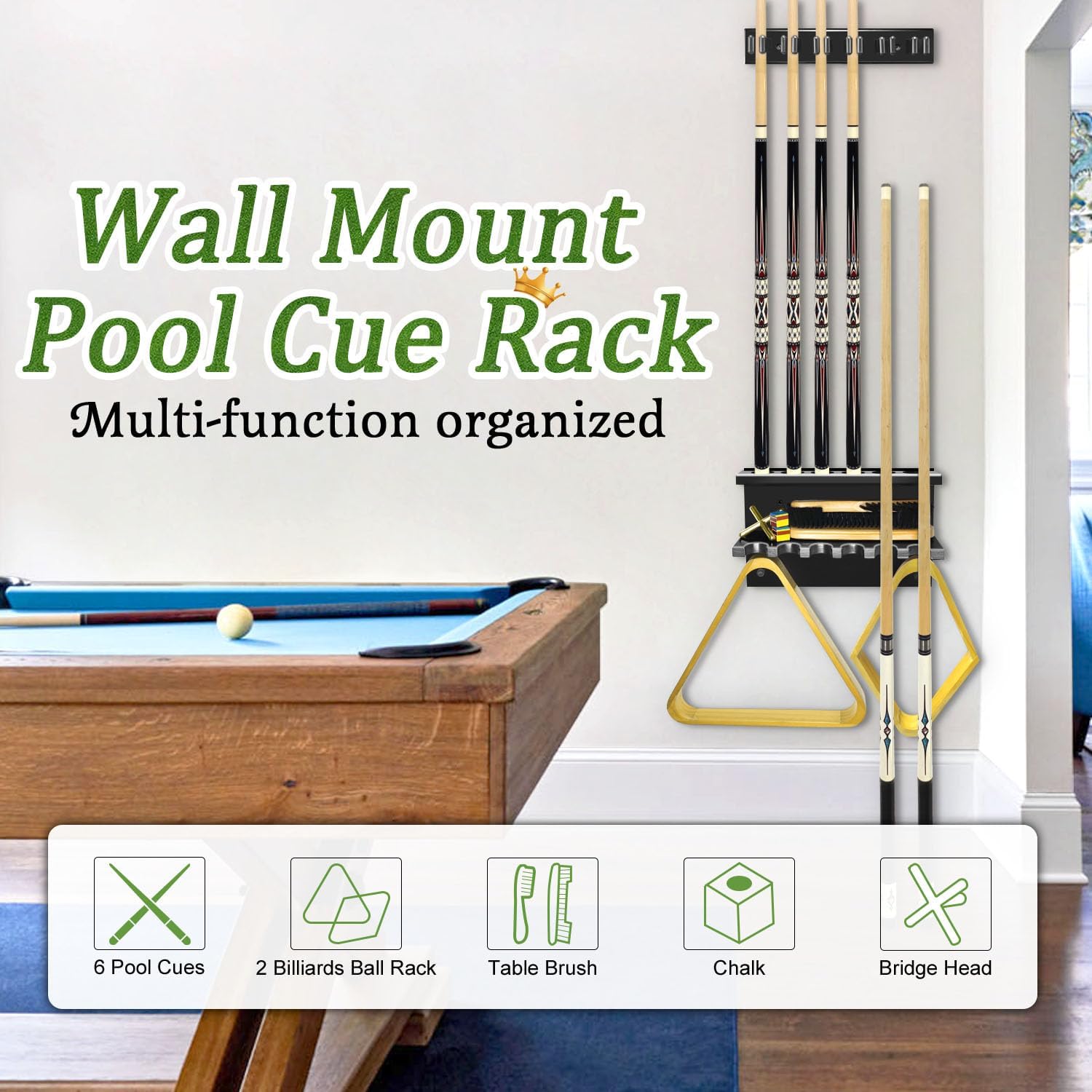 Pool Cue Rack Stick Holder, Billiards Pool Cue Rack Wall Mount Hardwood Pool Cue Set Holder for 6 Cues Sticks Storage